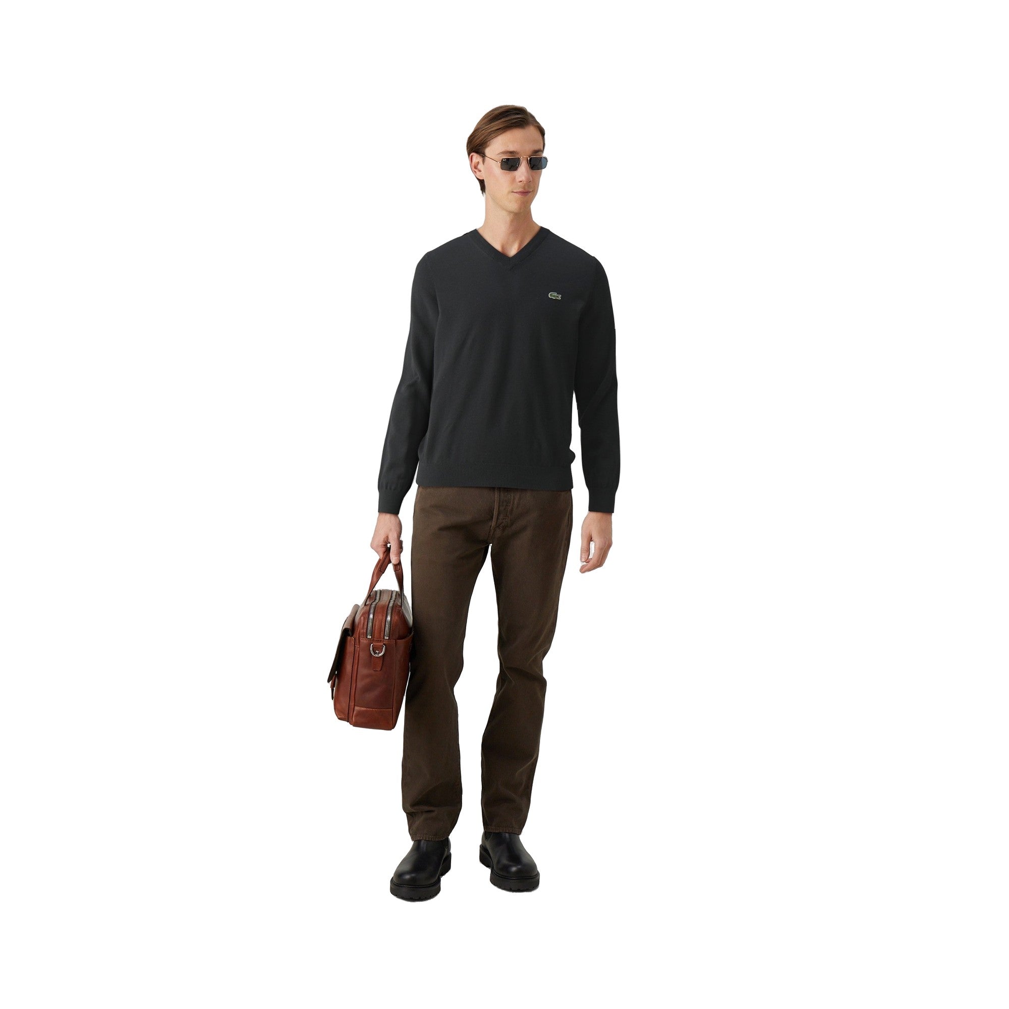Pullover Uomo con scollo a V Nero modello intero frontale