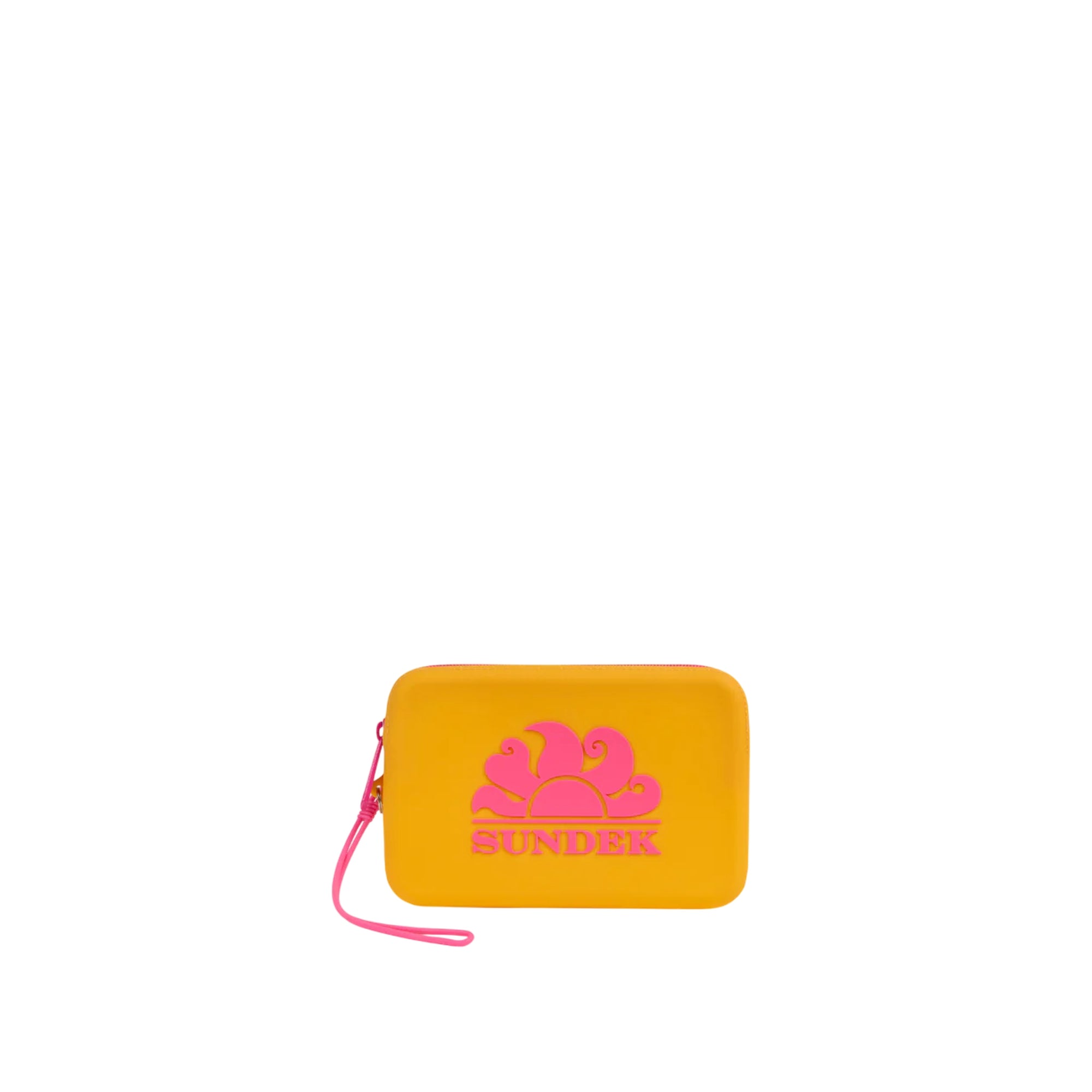 Pochette Unisex Arancione con logo Fucsia, realizzata in gomma