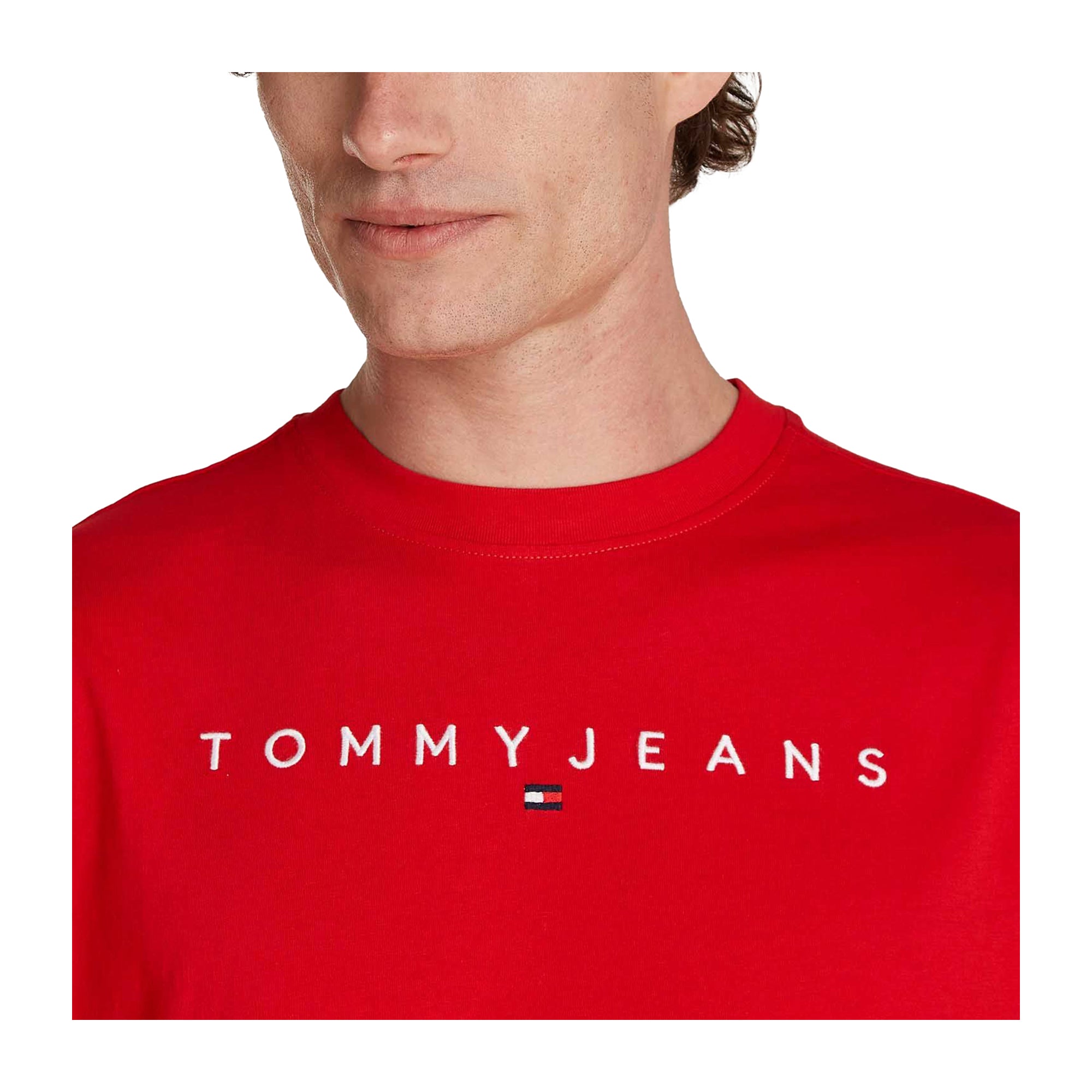 T-shirt Uomo tinta unita rossa con logo lettering lineare frontale