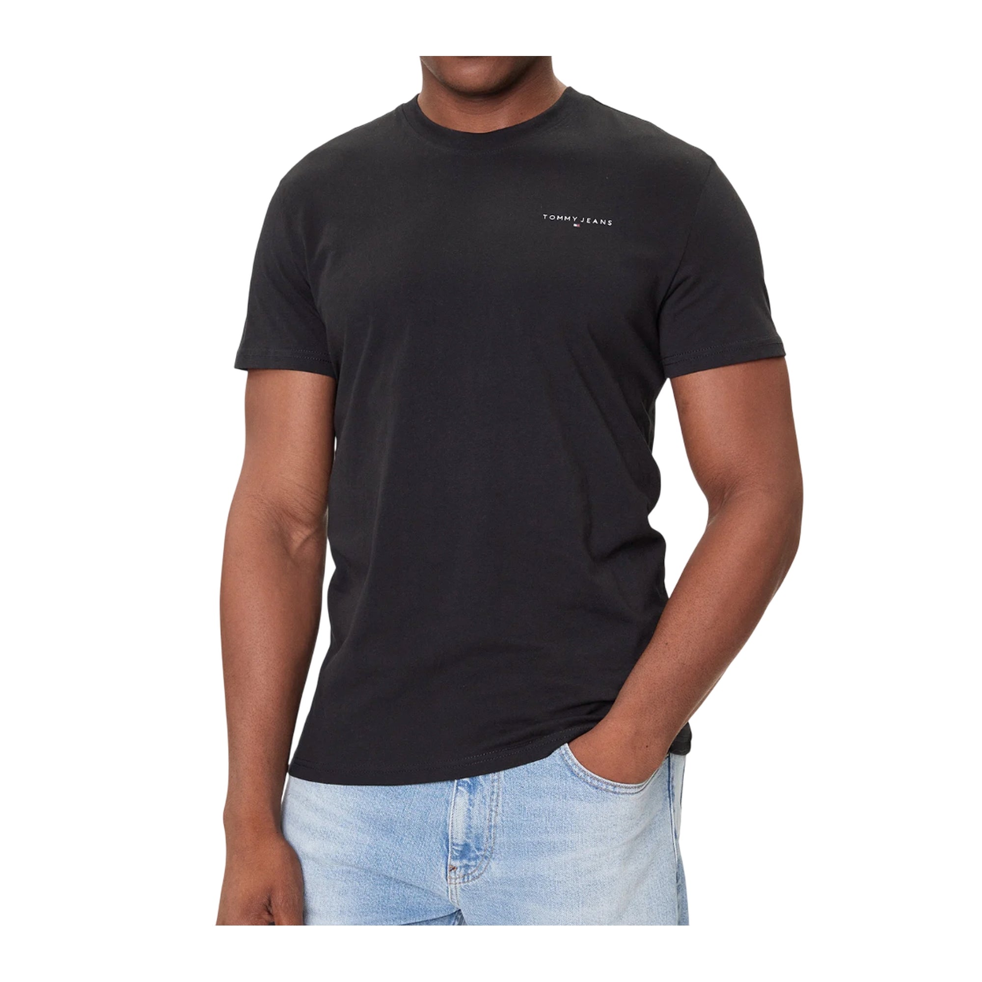 T-shirt Uomo Linear Chest Nera, a girocollo con logo sul petto 