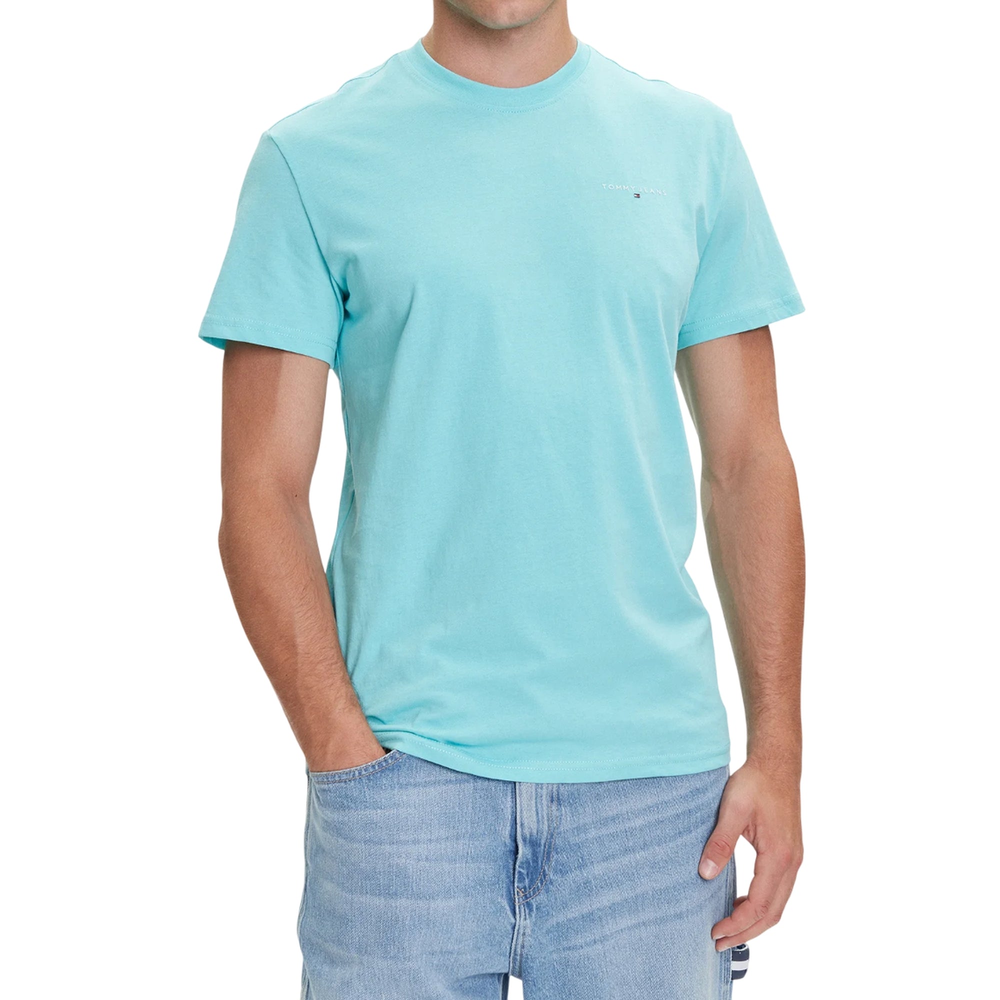 T-shirt Uomo Linear Chest, in cotone Celeste con logo sul petto