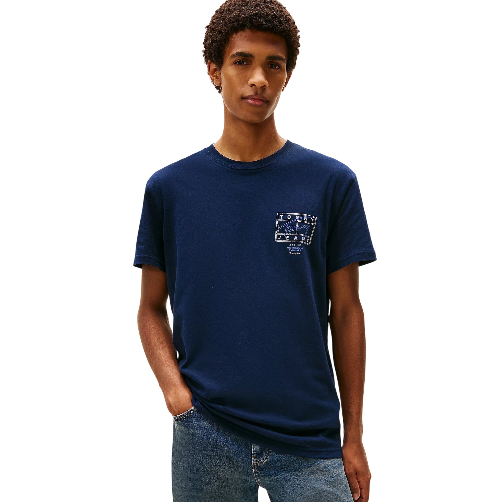 T-shirt signature blu a maniche corte con logo sul retro