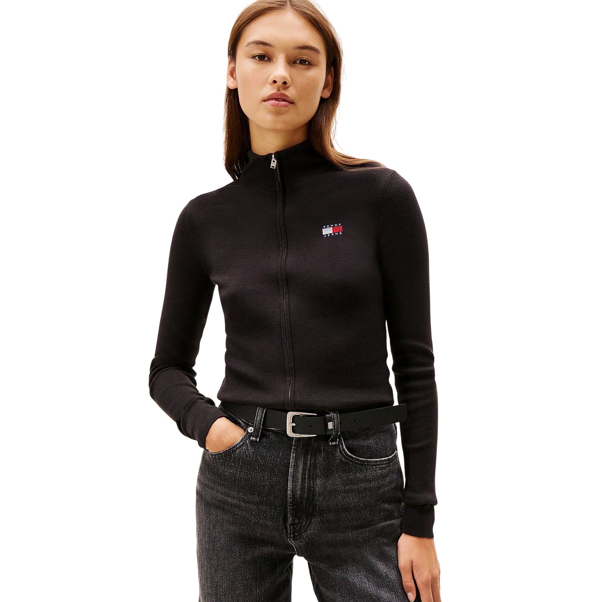 Cardigan Donna slim con collo alto e logo sul petto firmato