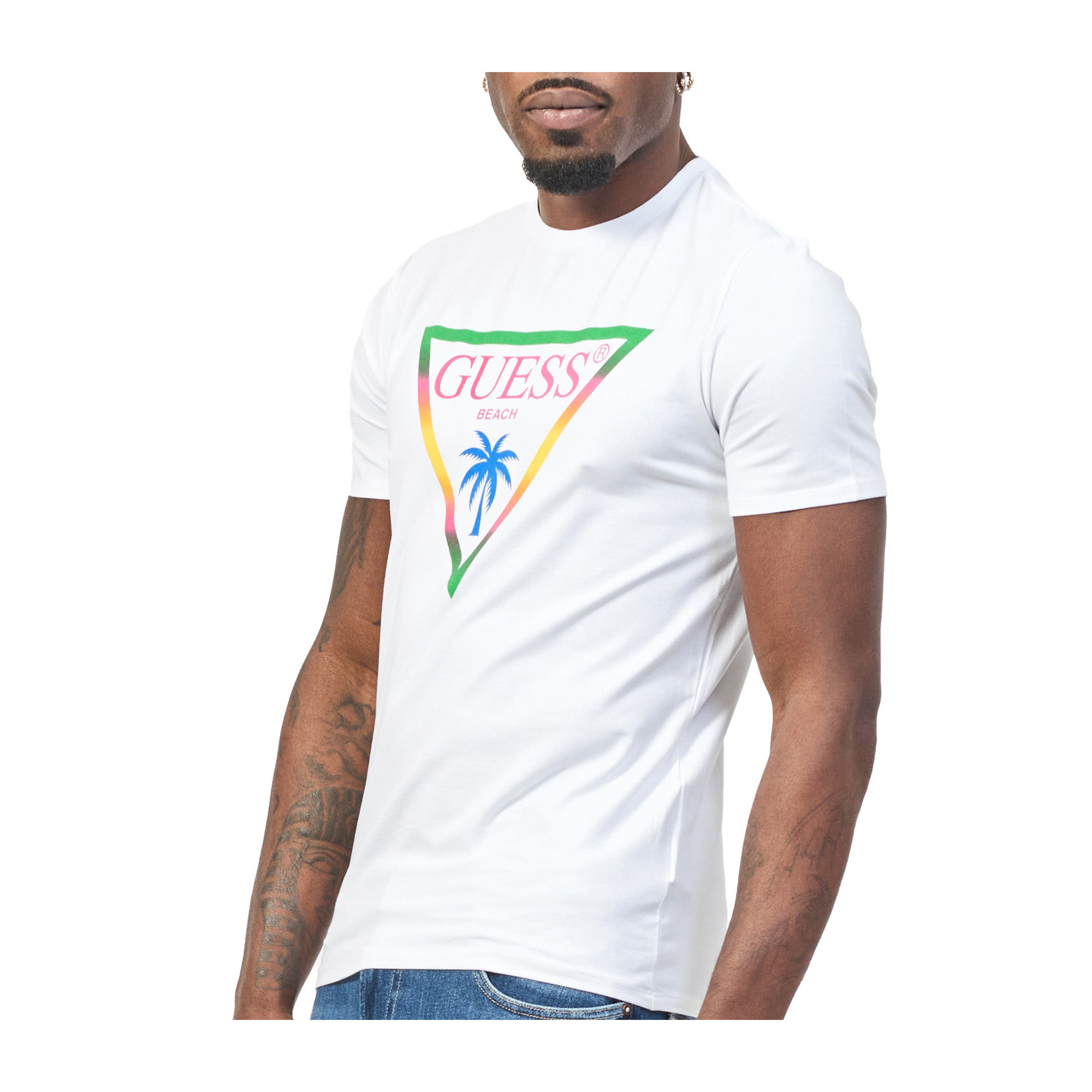 Guess T-shirt Uomo Bianco con triangolo logo con palma