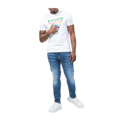 Guess T-shirt Uomo Bianco con triangolo logo con palma