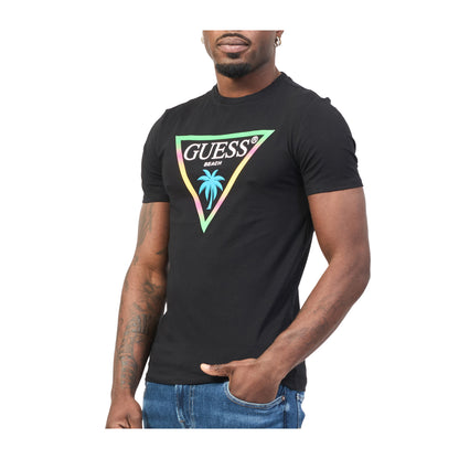 Guess T-shirt Uomo Nero con triangolo logo con palma