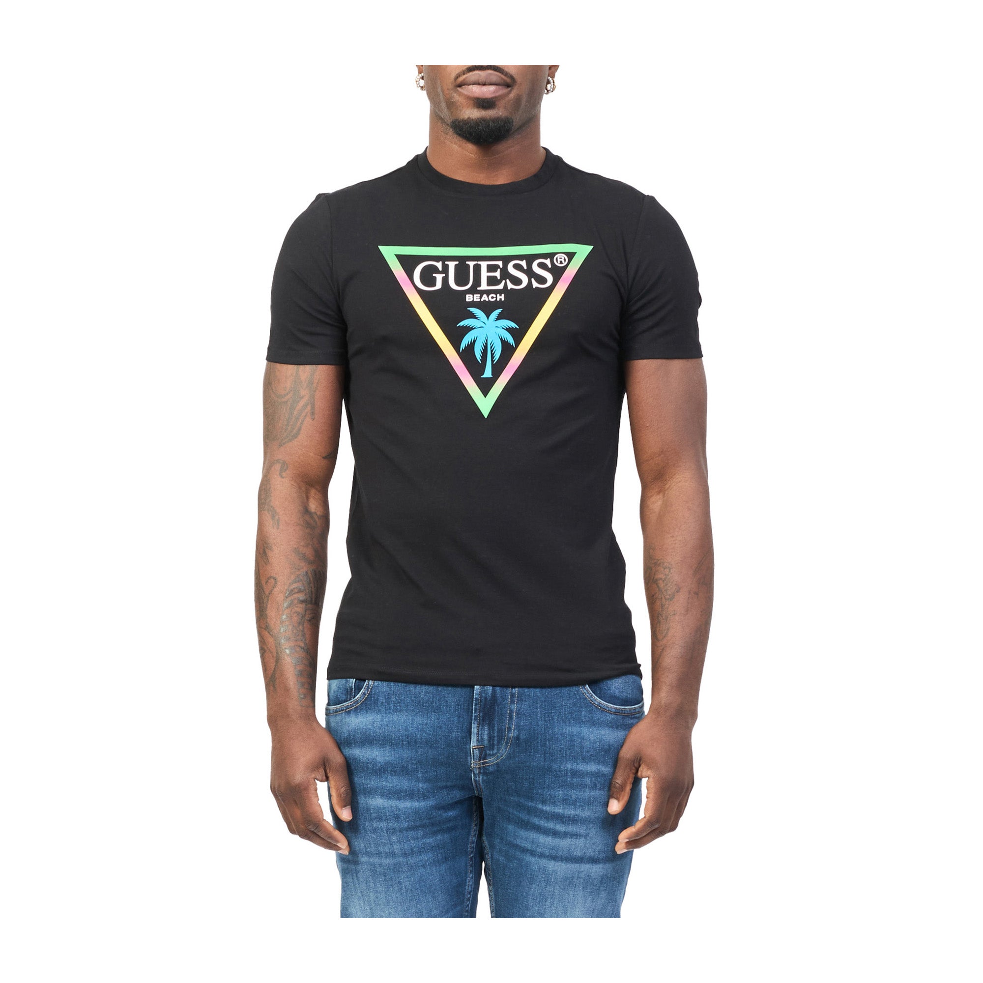 Guess T-shirt Uomo Nero con triangolo logo con palma