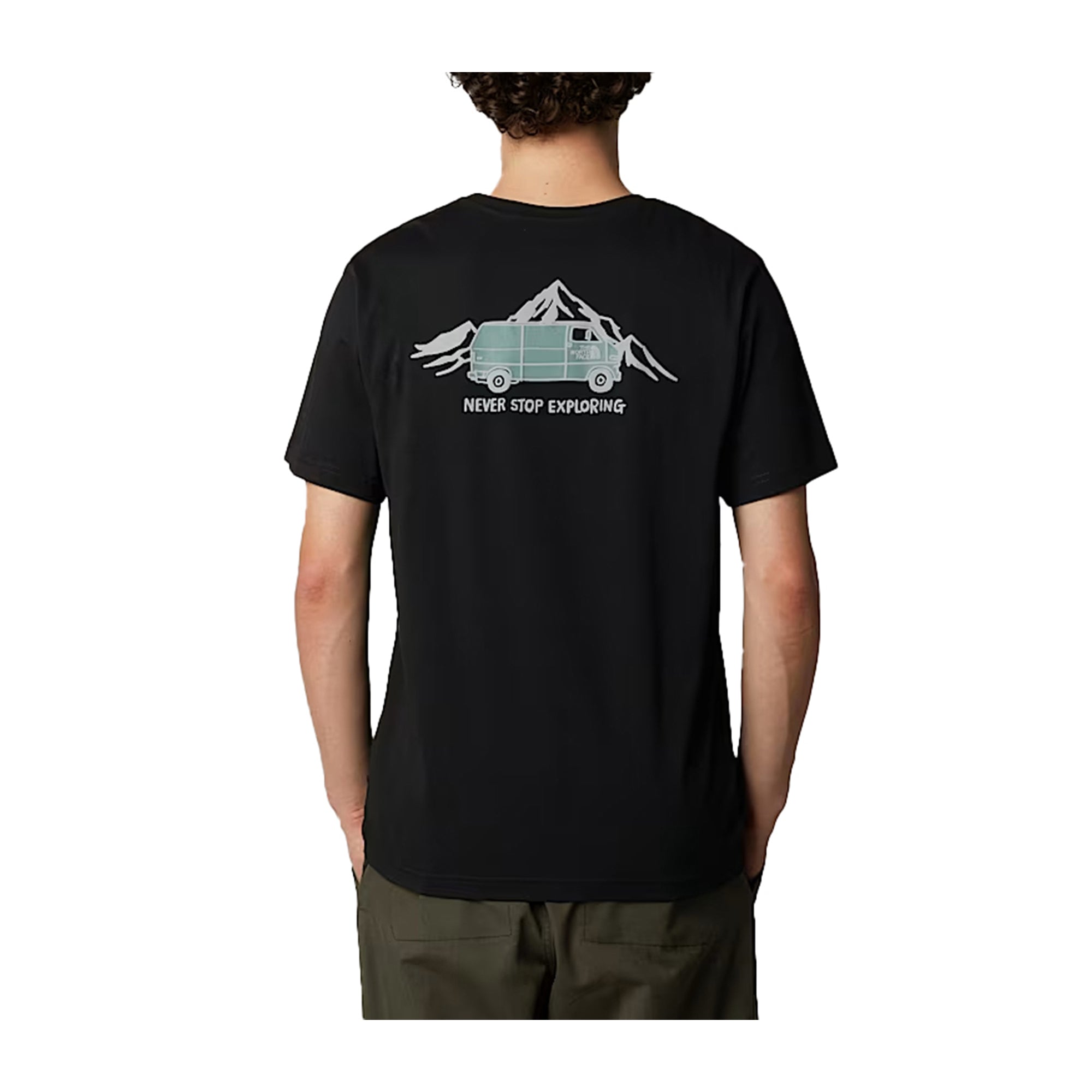 T-shirt Uomo Nera con stampa "Never Stop Exploring" posteriore