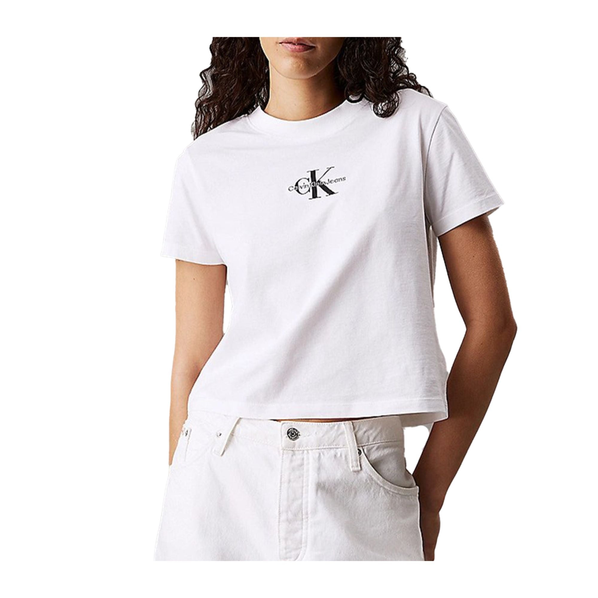T-shirt Bianca Donna con mini logo frontale modella frontale