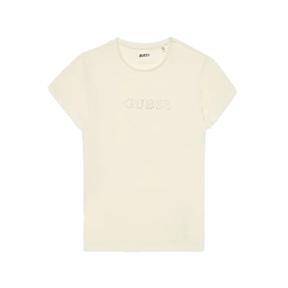 Guess T-shirt Bambina Beige con logo strass