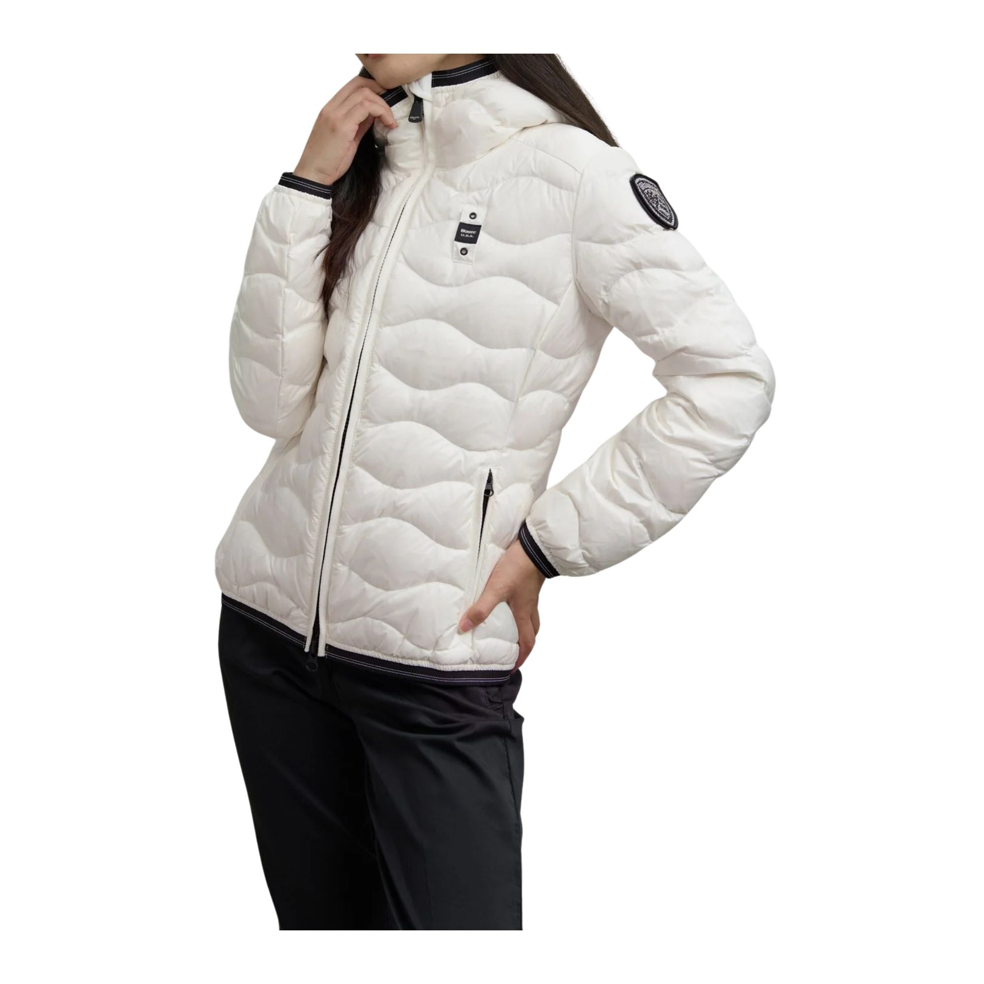 Piumino Donna Camelia Bianco, con patch logo strass e cappuccio