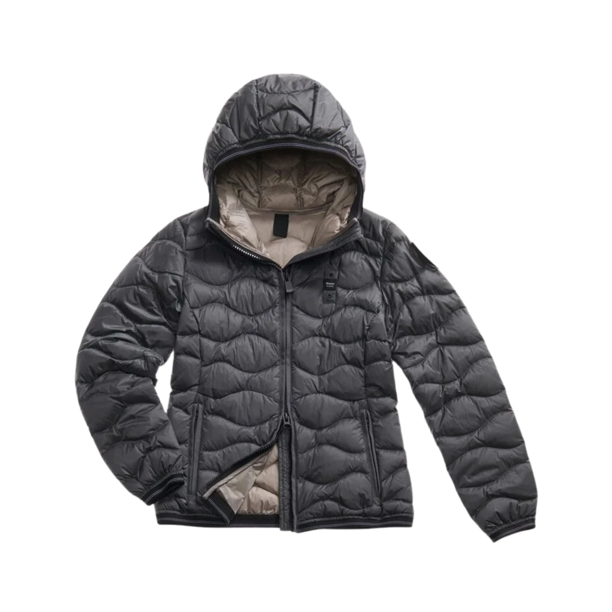 Piumino Donna Camelia Grigio, con passante logo e cappuccio