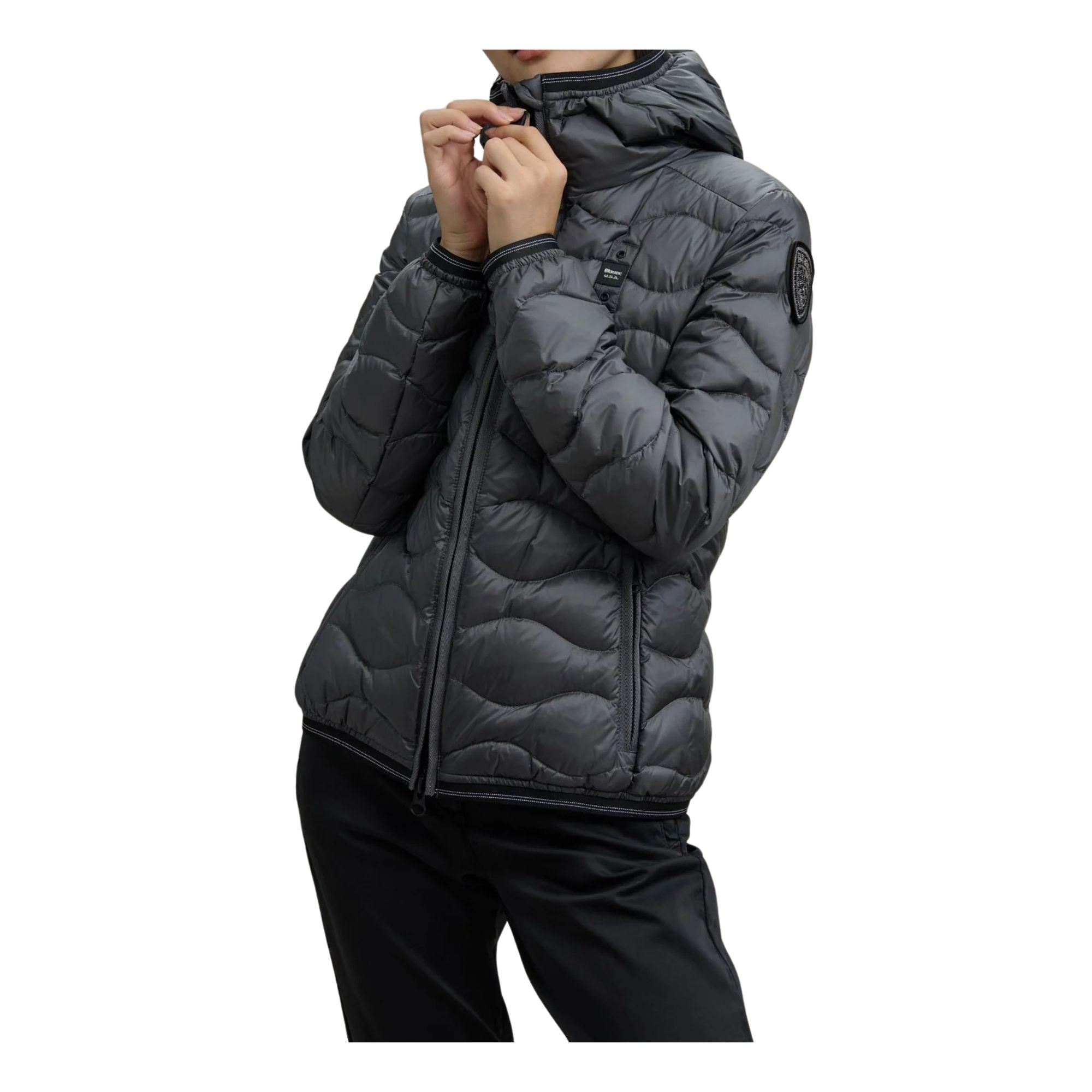 Piumino Donna Camelia Grigio, con passante logo e cappuccio