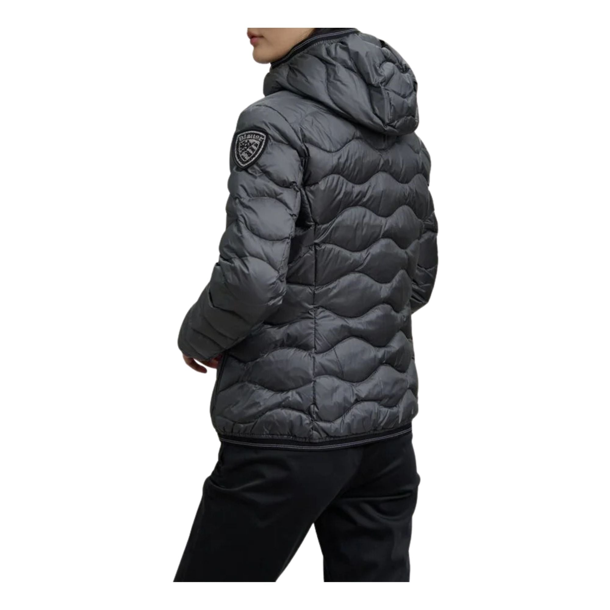 Piumino Donna Camelia Grigio, con passante logo e cappuccio