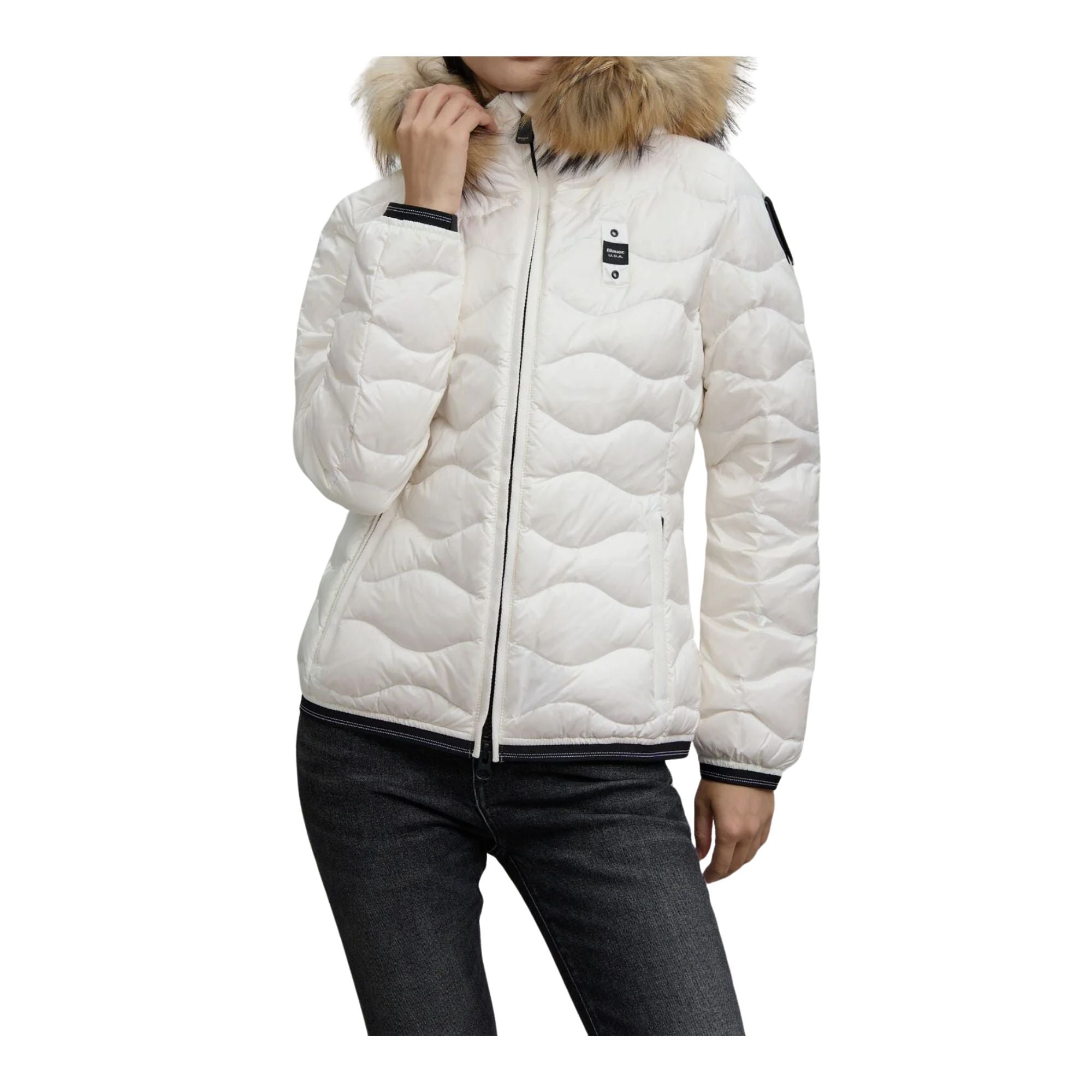 Piumino Donna Aldie Bianco, ondulato con patch strass e pelliccia 