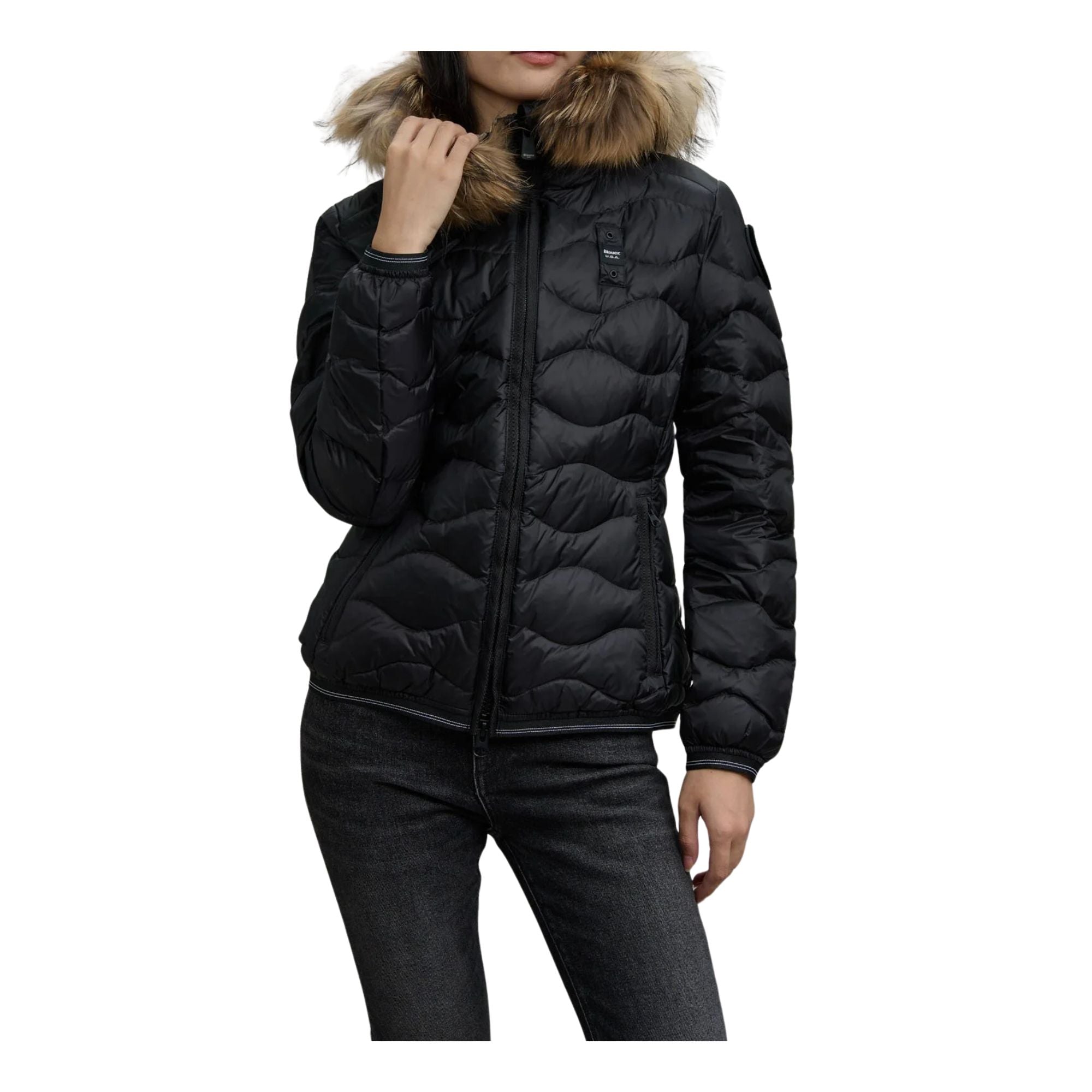 Piumino Donna Aldie, con impunture ondulate, patch strass e pelliccia rimovibile