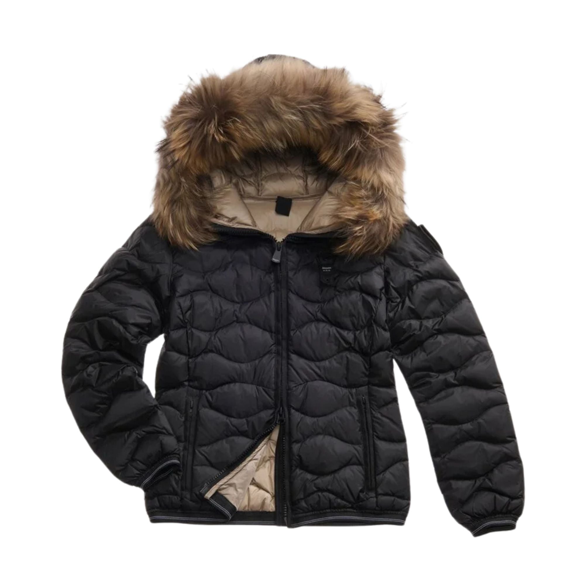 Piumino Donna Aldie, con impunture ondulate, patch strass e pelliccia rimovibile