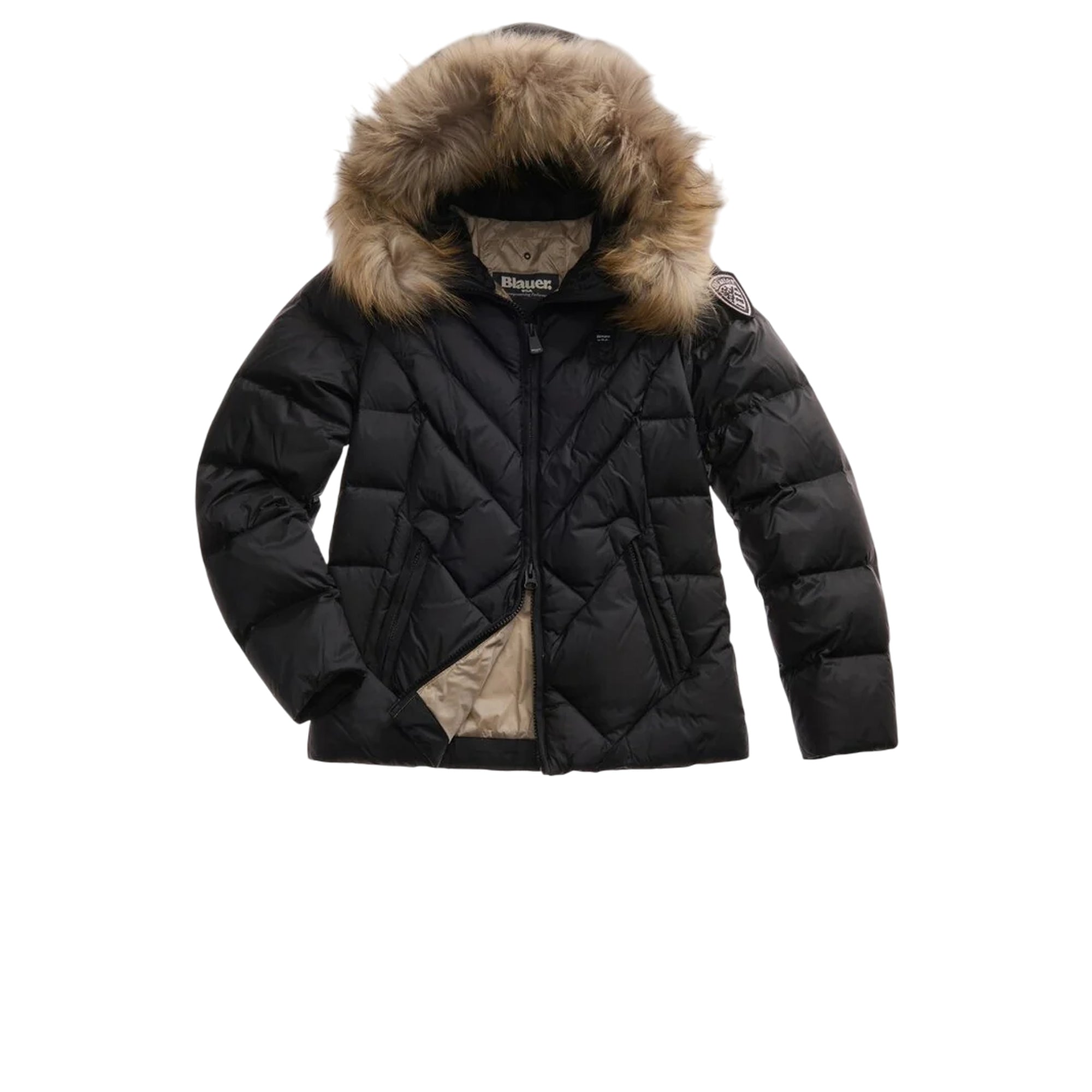 Piumino Donna Alicia corto, con pelliccia e patch logo sulla manica