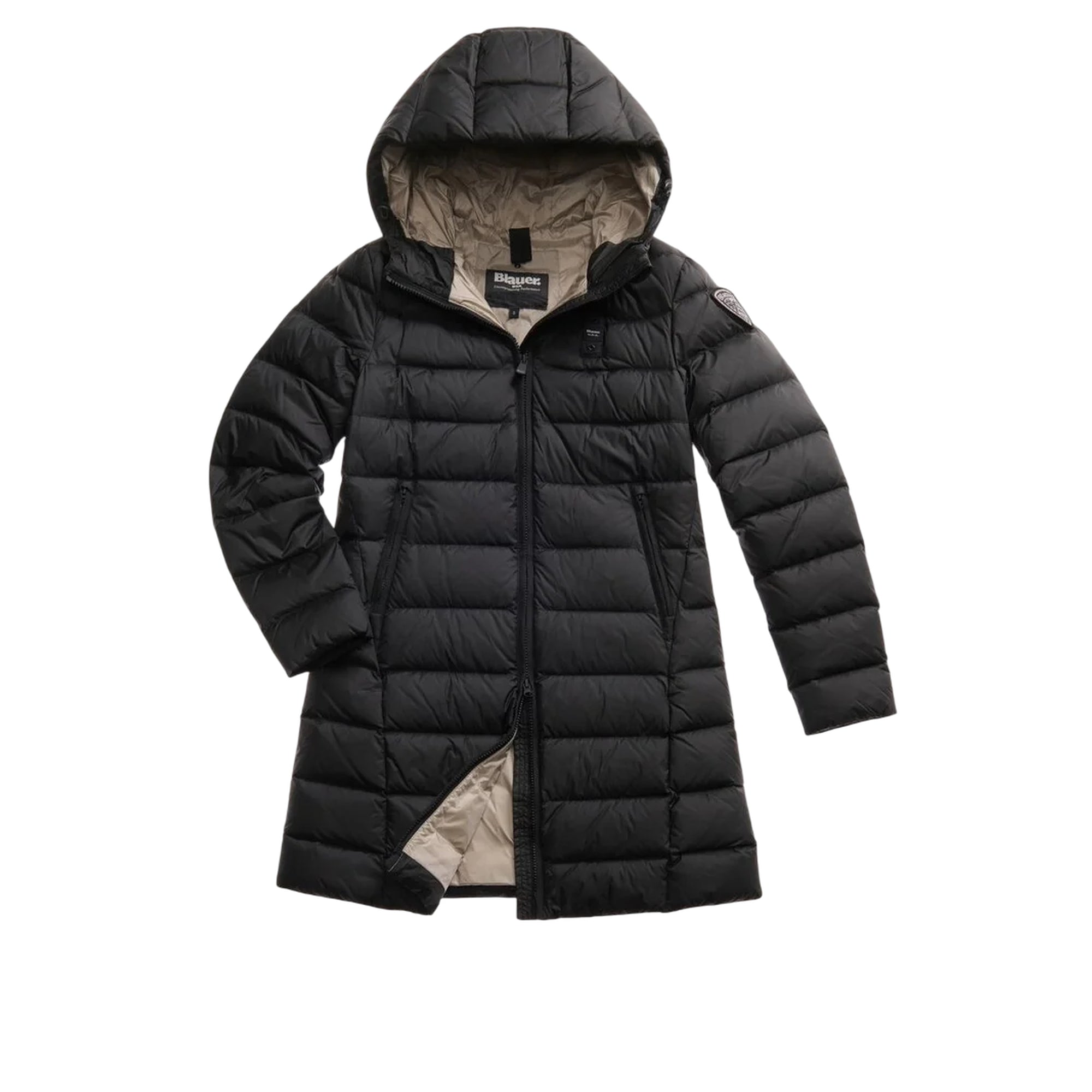 Piumino Donna lungo Agnes, con cappuccio e patch logo sulla manica 