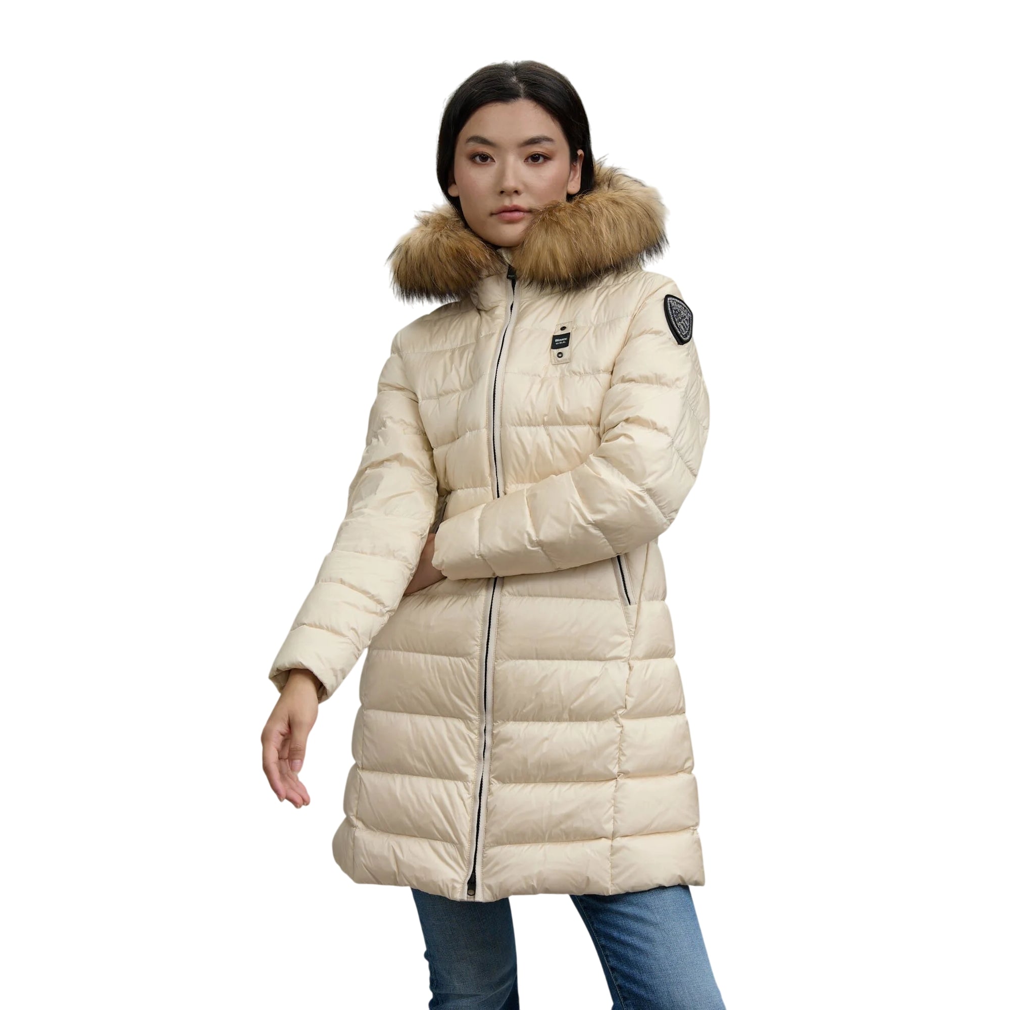 Piumino Donna Kristin Beige, con cappuccio ed inserto in pelliccia