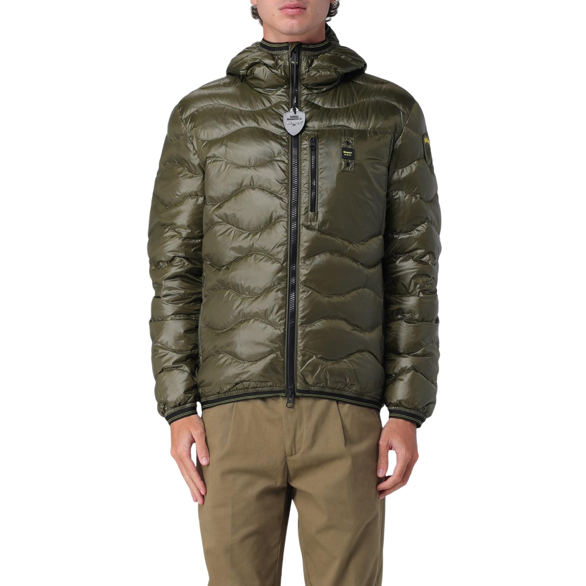 Piumino Uomo Wave Verde ondulato, con cappuccio e taschino sul petto
