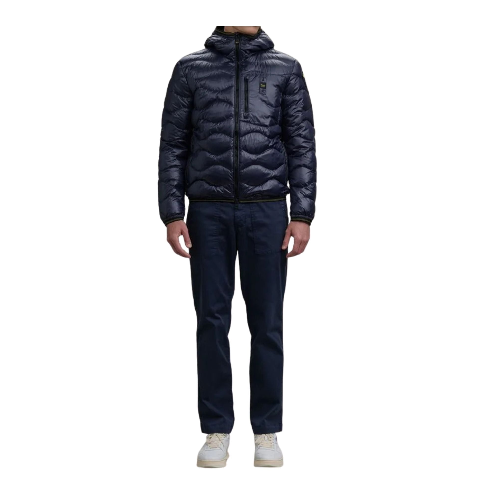 Piumino Uomo Wave Blu ondulato, con cappuccio e taschino sul petto
