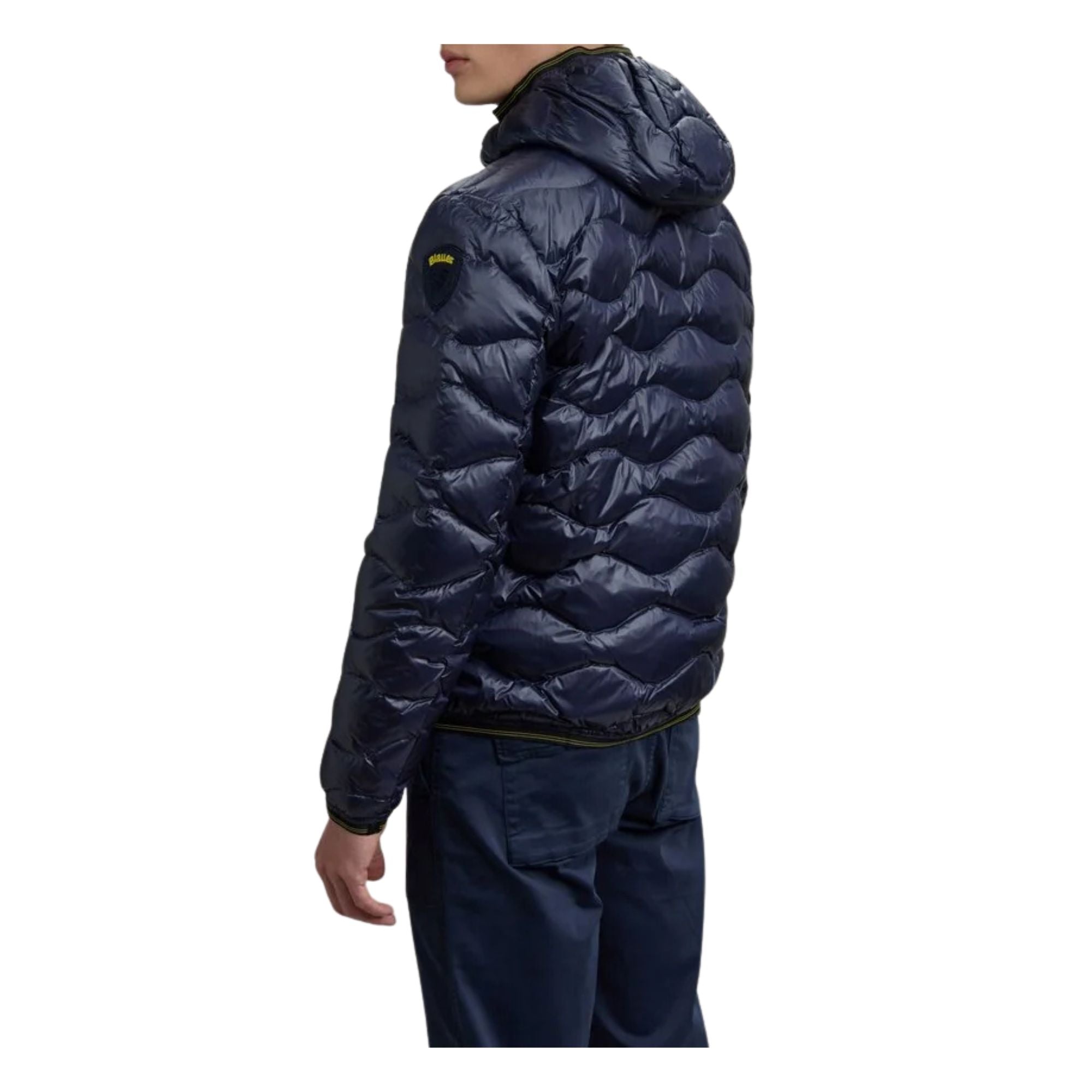 Piumino Uomo Wave Blu ondulato, con cappuccio e taschino sul petto