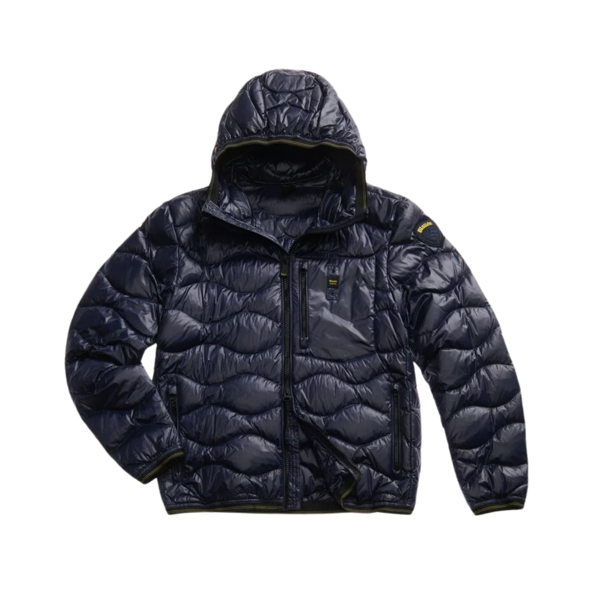 Piumino Uomo Wave Blu ondulato, con cappuccio e taschino sul petto
