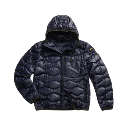 Piumino Uomo Wave Blu ondulato, con cappuccio e taschino sul petto
