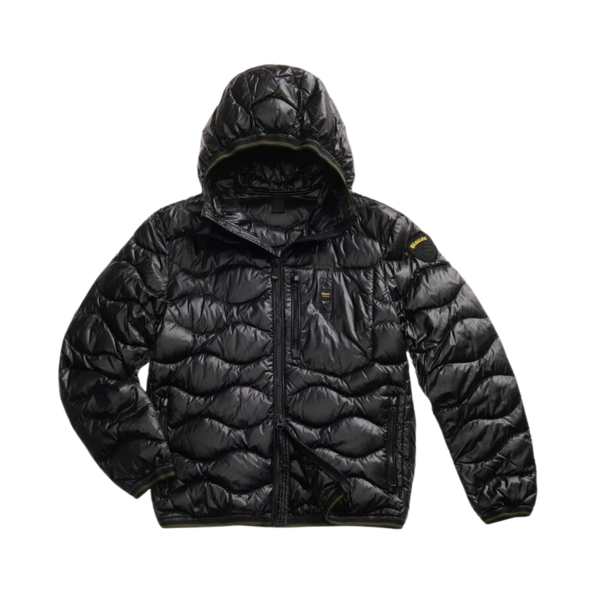 Piumino Uomo Wave Nero ondulato, con cappuccio e taschino sul petto 