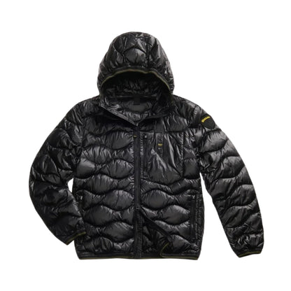 Piumino Uomo Wave Nero ondulato, con cappuccio e taschino sul petto 
