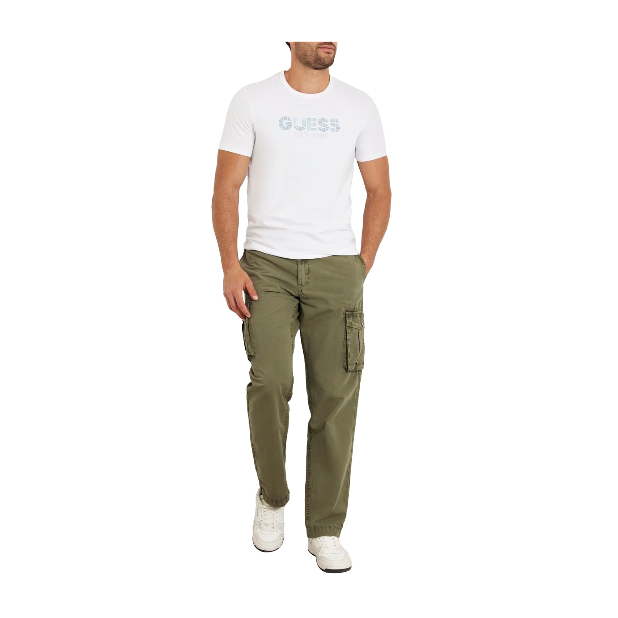 Guess T-shirt Uomo stretch logo frontale Bianco