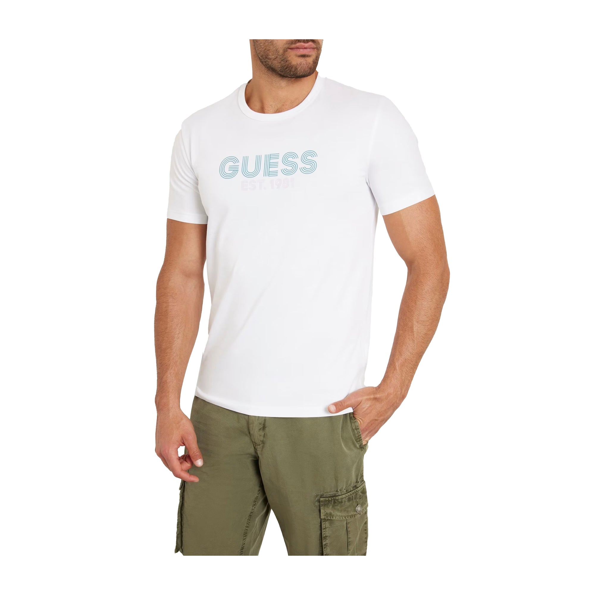 Guess T-shirt Uomo stretch logo frontale Bianco