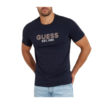 Guess T-shirt Uomo stretch logo frontale Blu