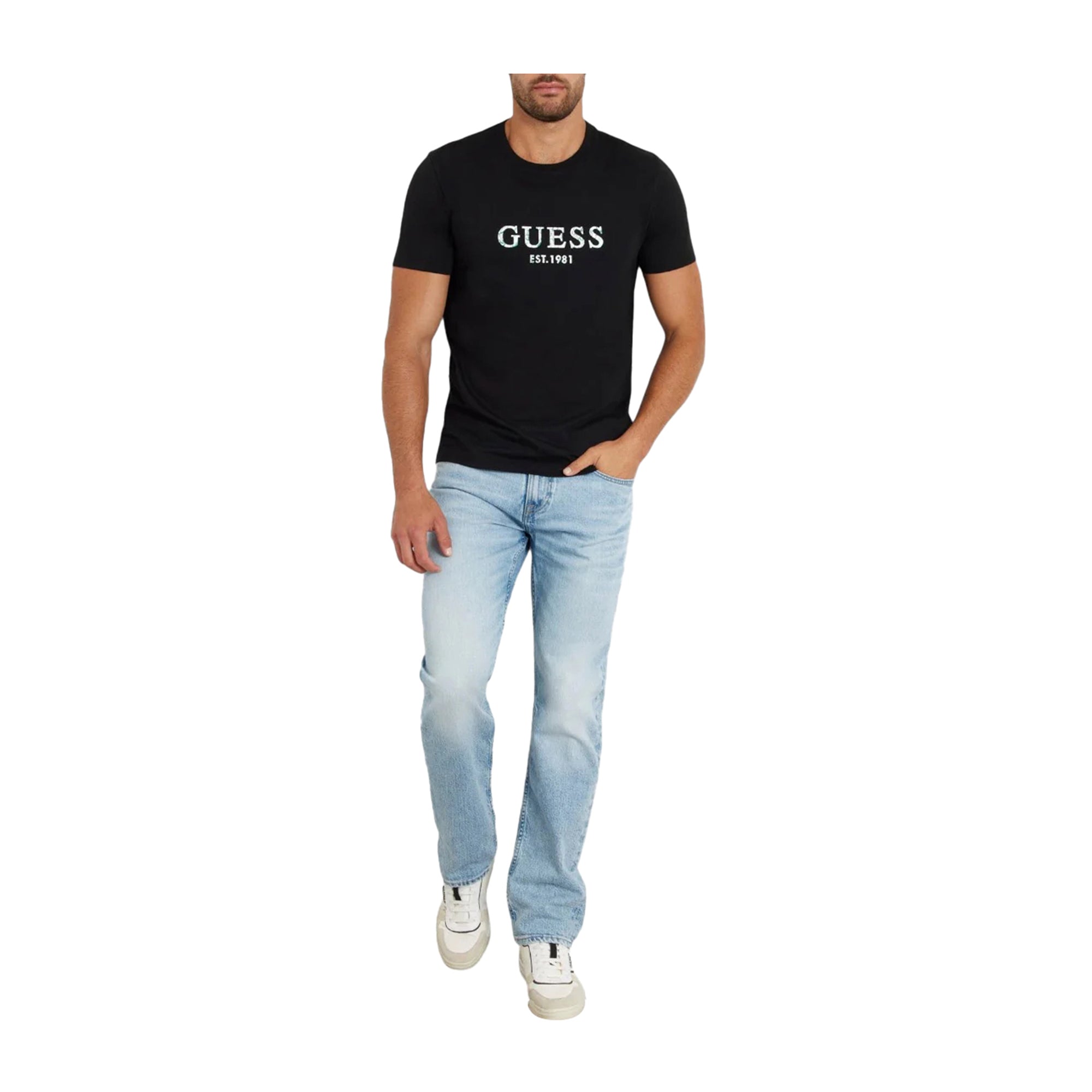 T-shirt Uomo Guess Nera con Logo Stampato Fantasia