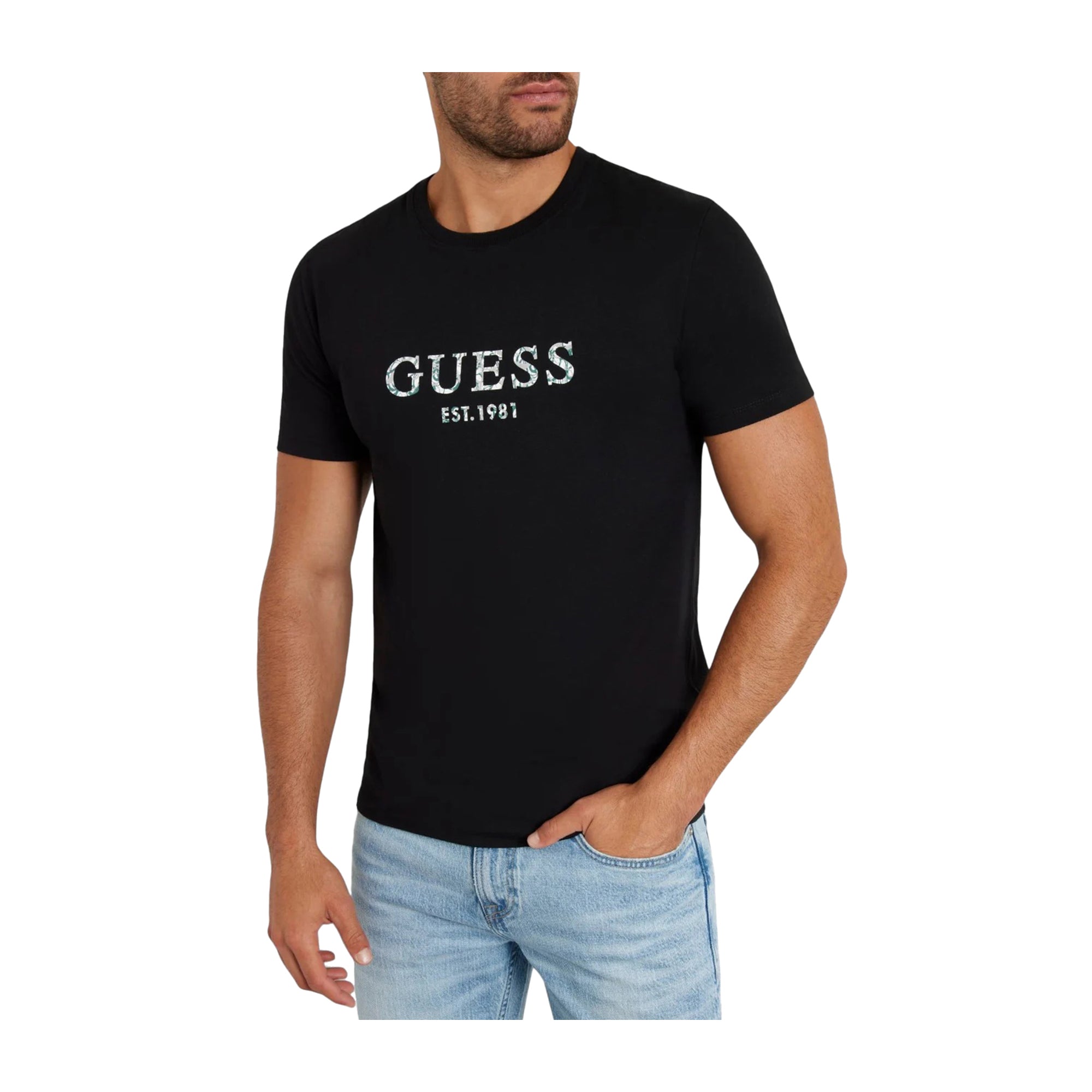 T-shirt Uomo Guess Nera con Logo Stampato Fantasia