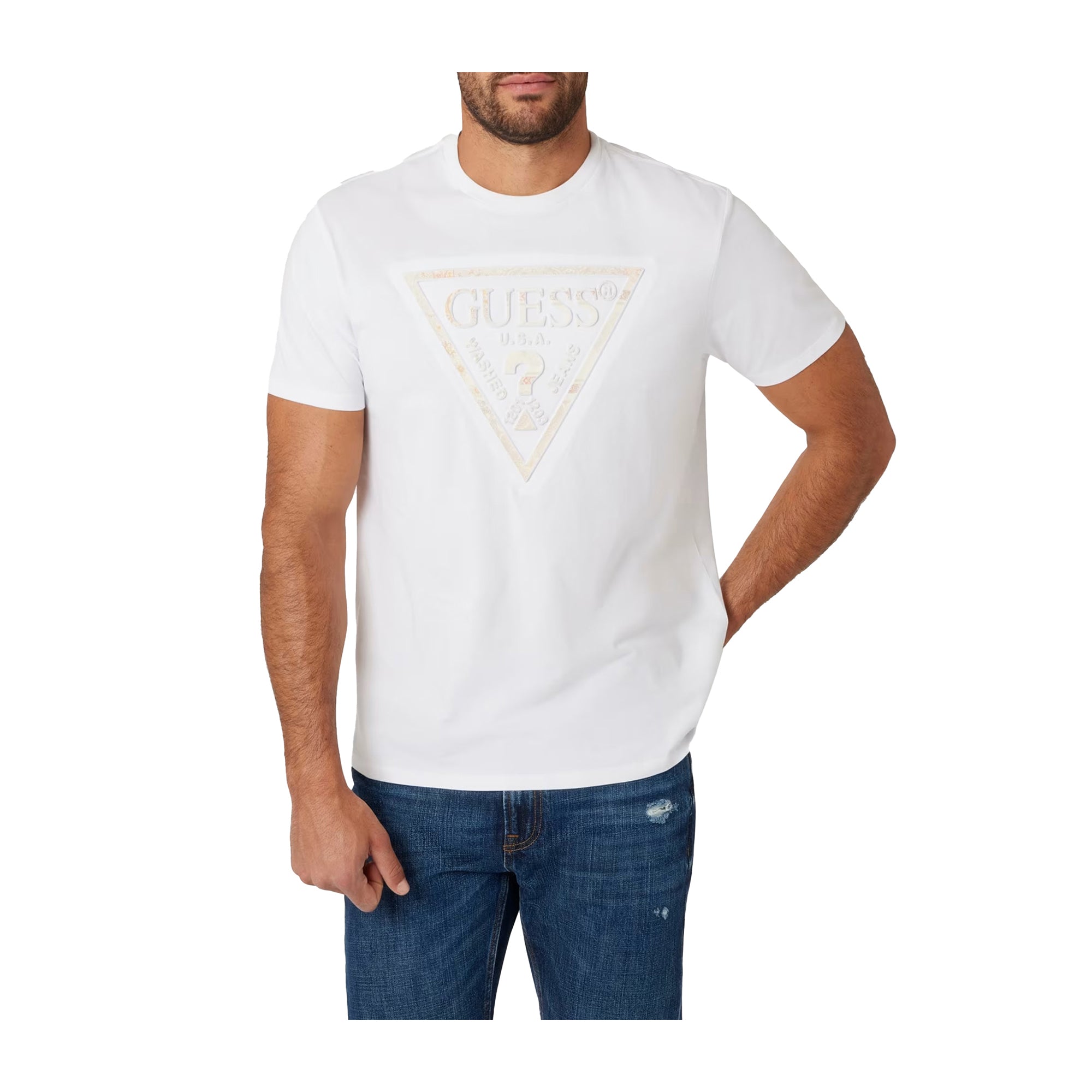 Guess T-shirt Uomo con maxi logo triangolo Bianco