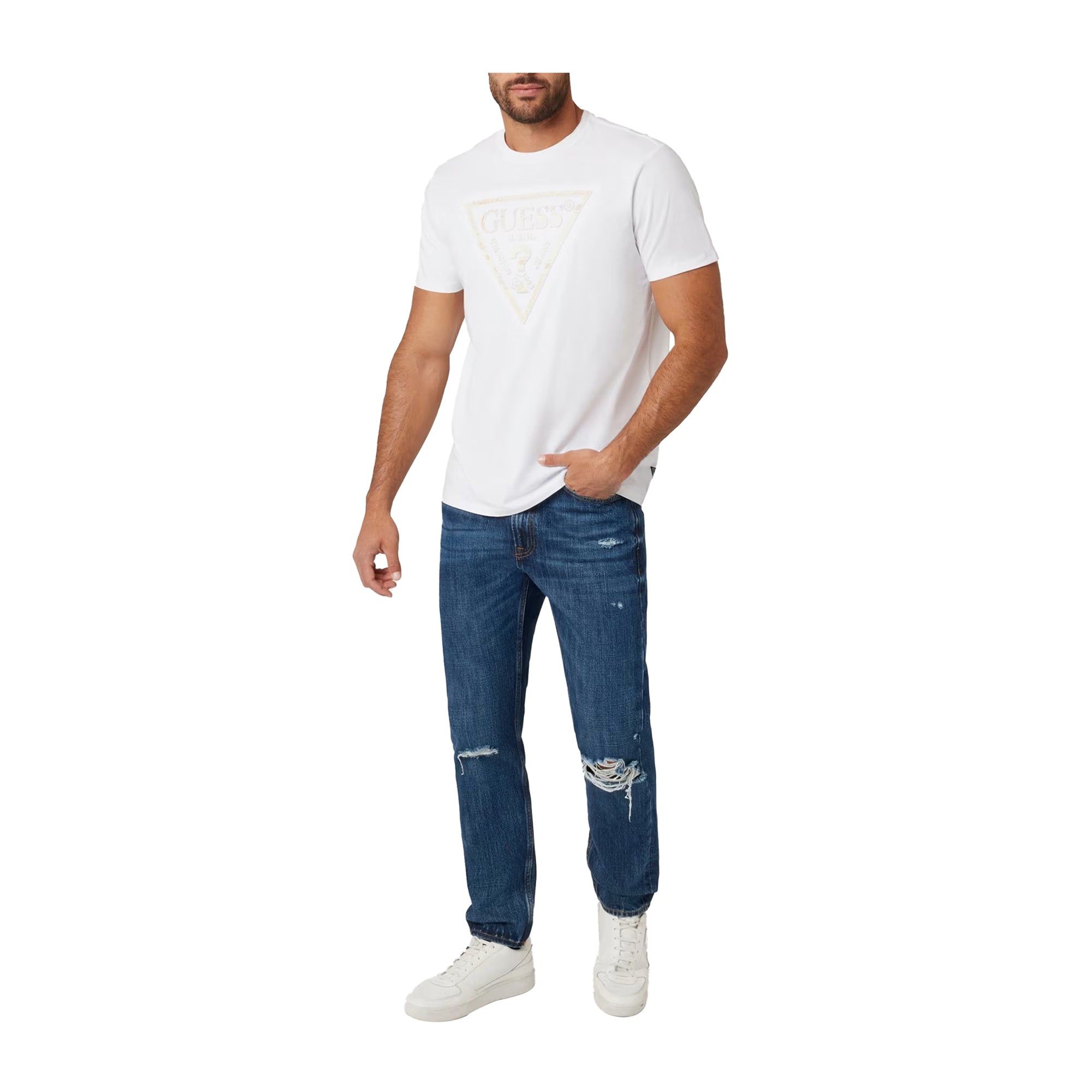 Guess T-shirt Uomo con maxi logo triangolo Bianco