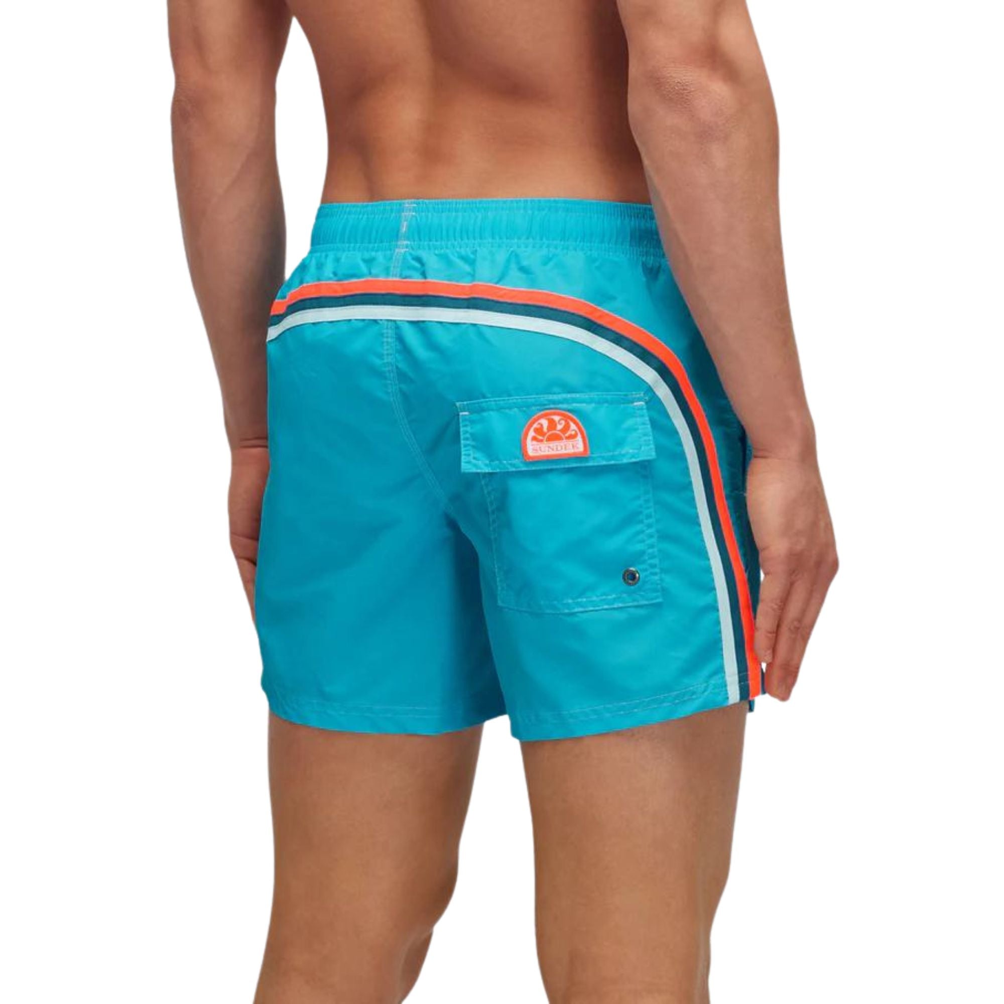 Costume Uomo a pantaloncino Celeste, con dettaglio multicolore e tasca con patta