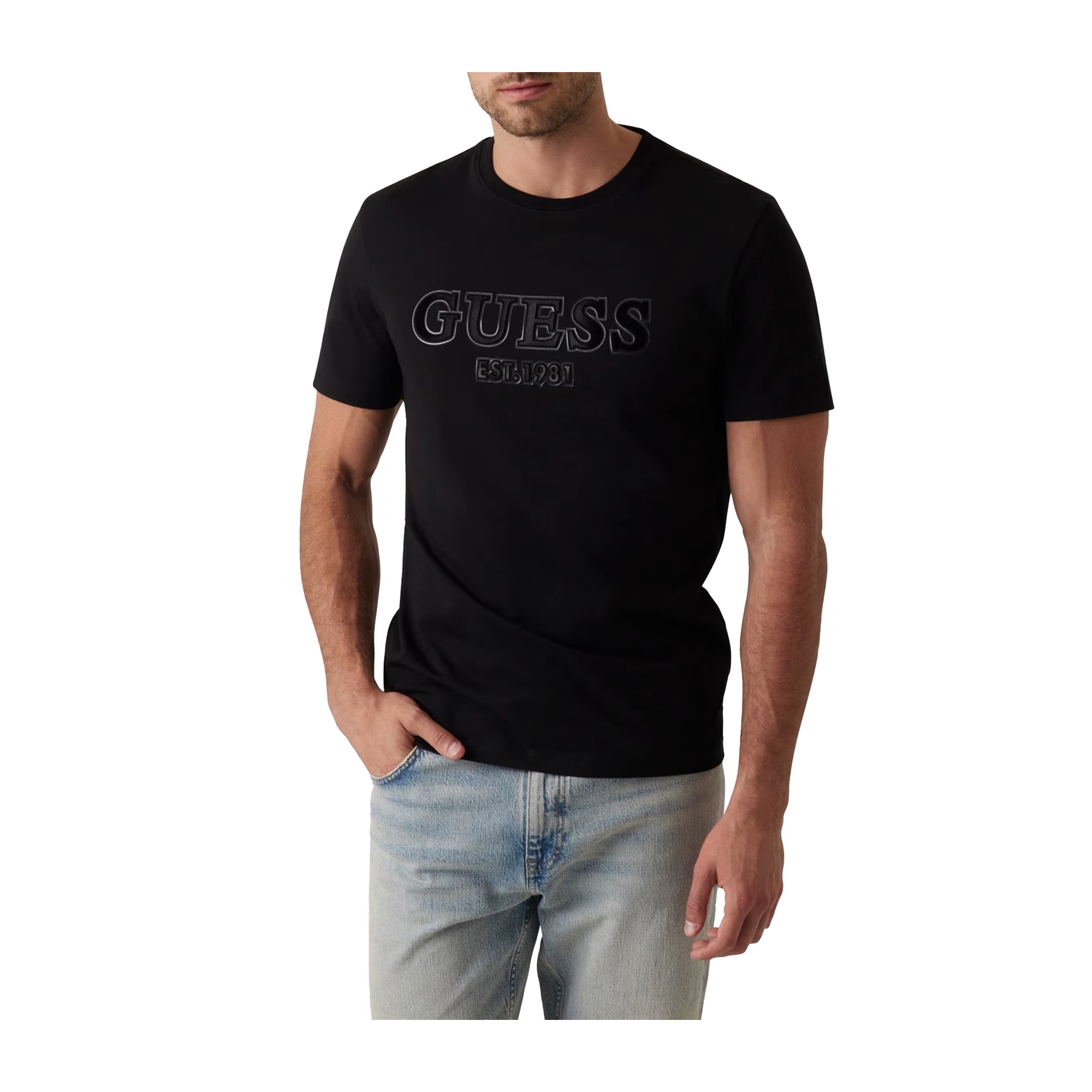 Guess T-shirt Uomo con log floccato Nero