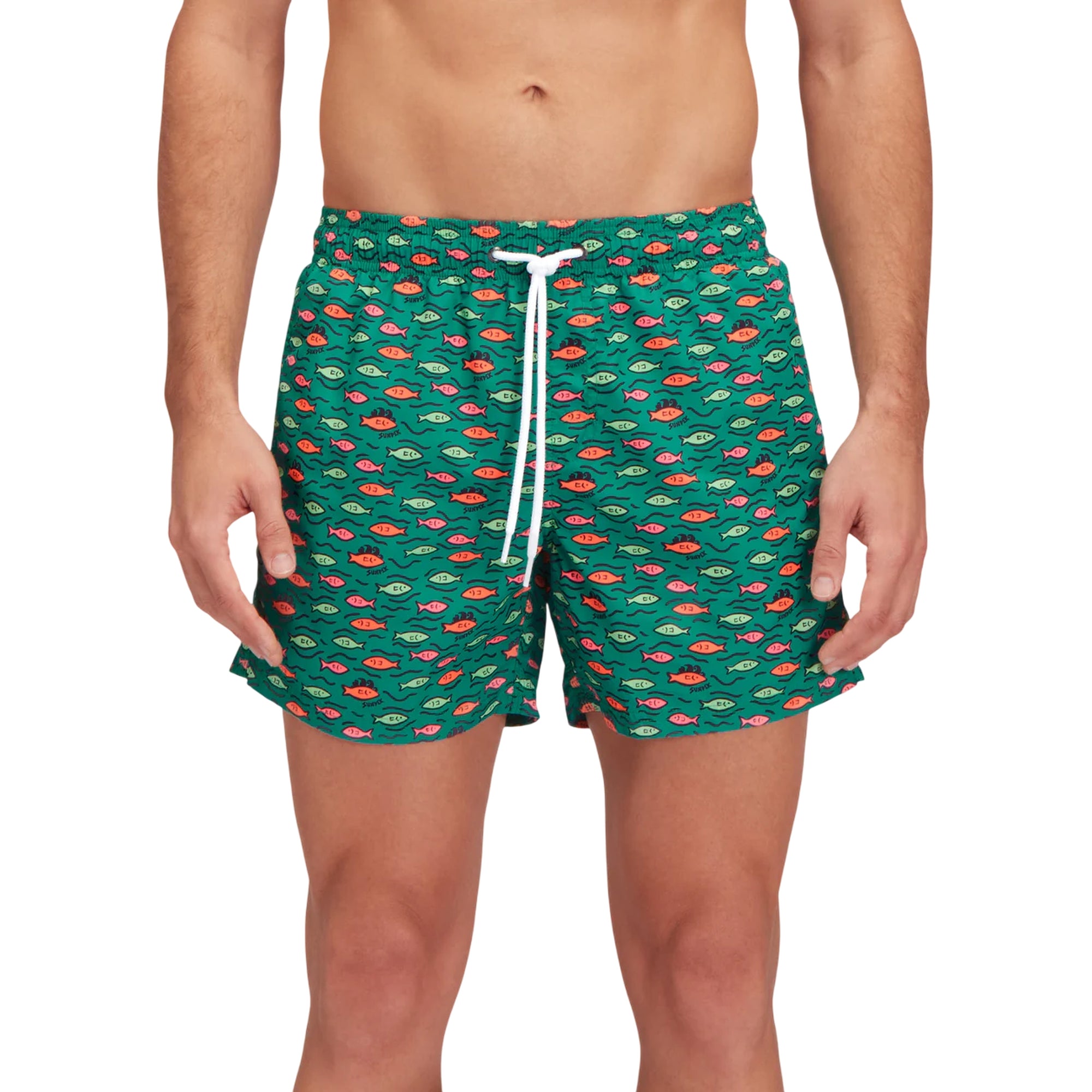 Costume Uomo Verde a pantaloncino, con stampa Fishball e patta posteriore