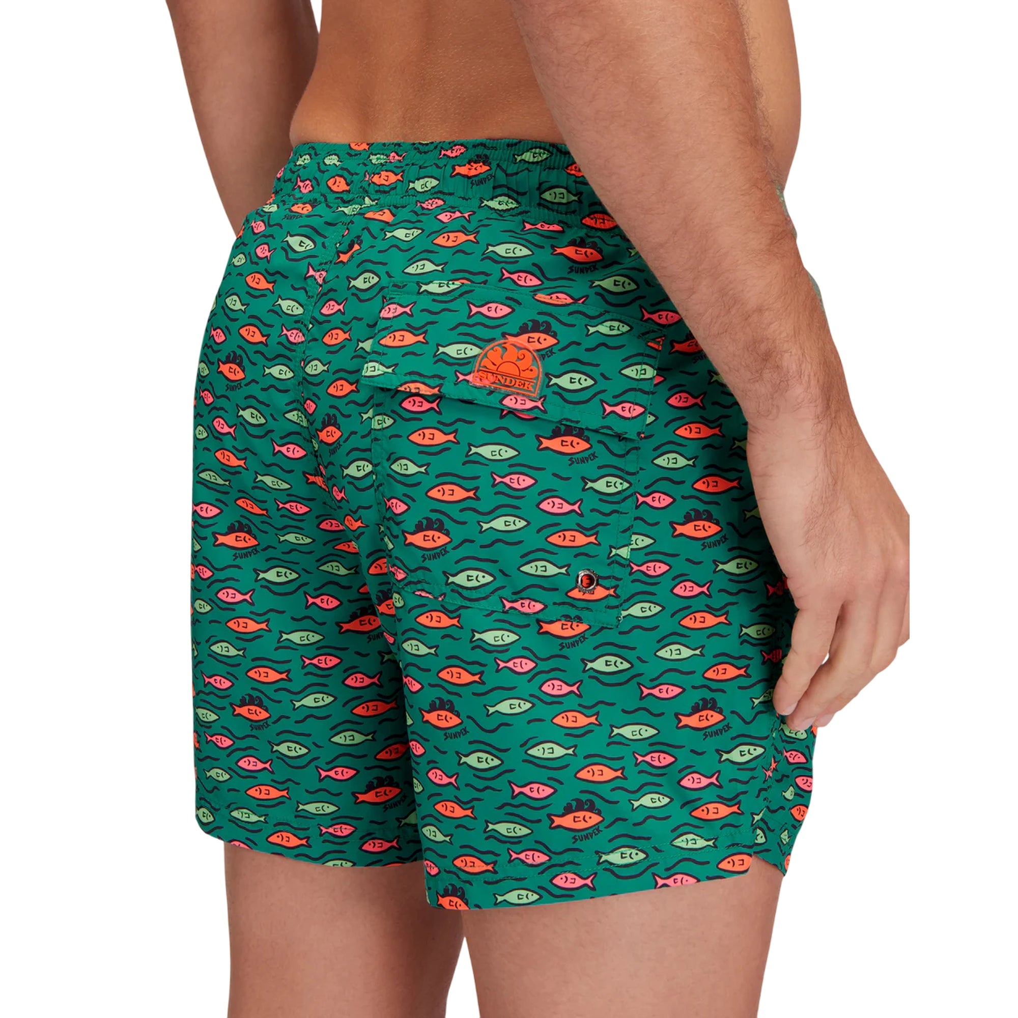 Costume Uomo Verde a pantaloncino, con stampa Fishball e patta posteriore