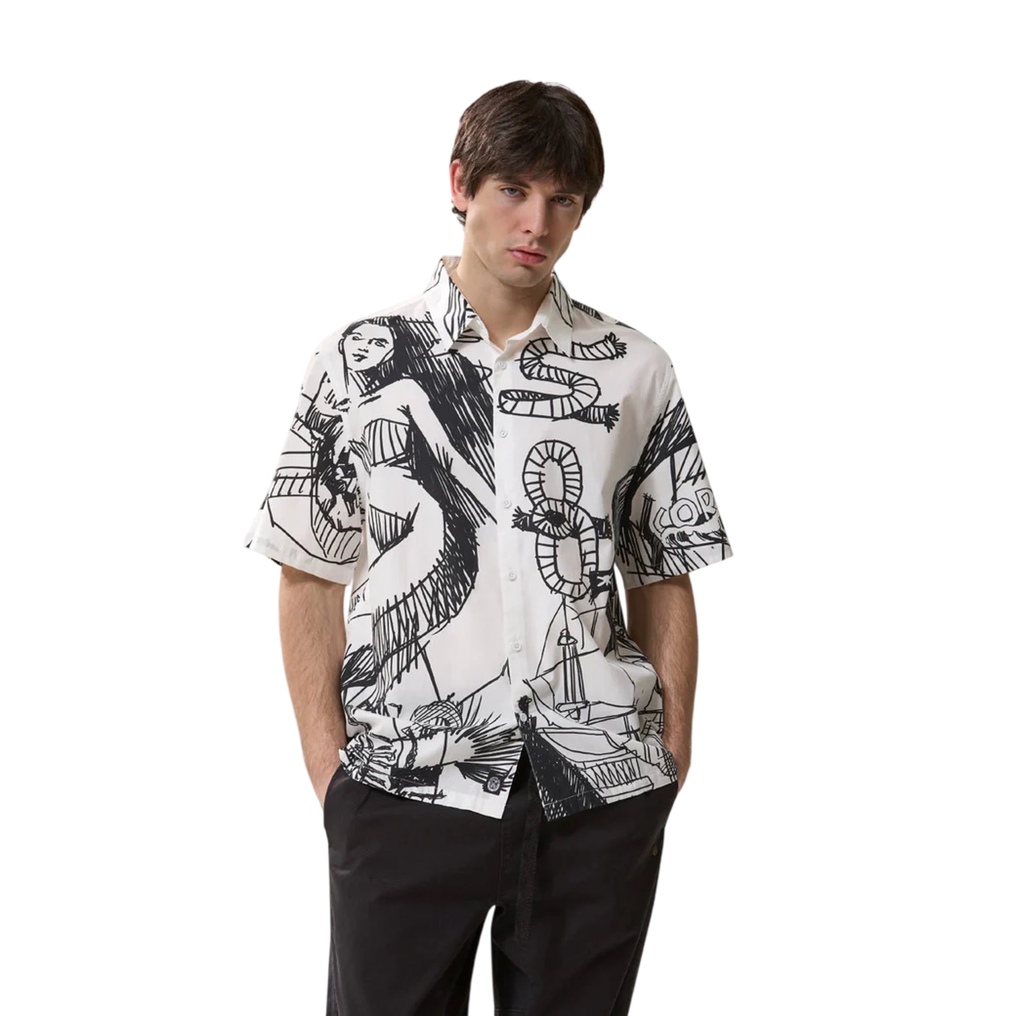 Camicia over Uomo con stampa sketch grafici modello frontale