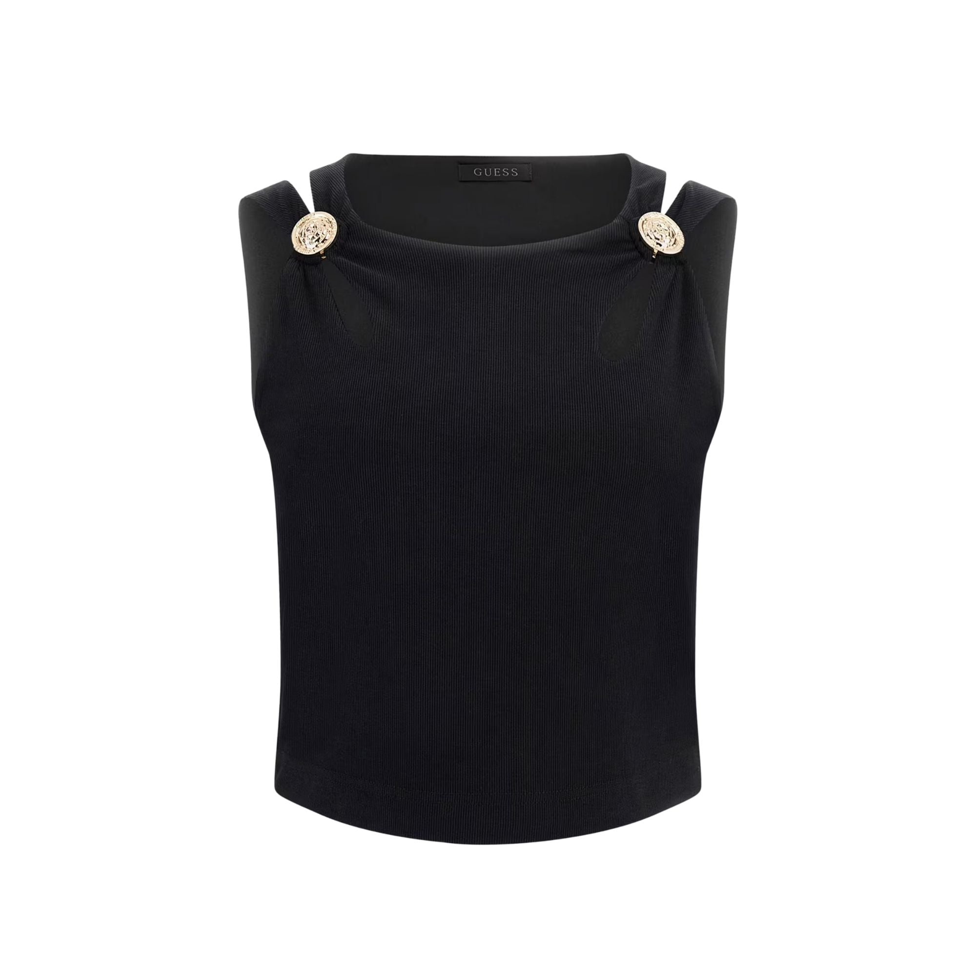 Top Donna Nero, con lavorazione a costine e bottoni metallici decorativi