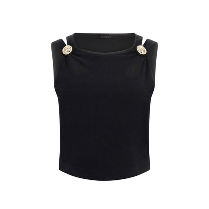 Top Donna Nero, con lavorazione a costine e bottoni metallici decorativi