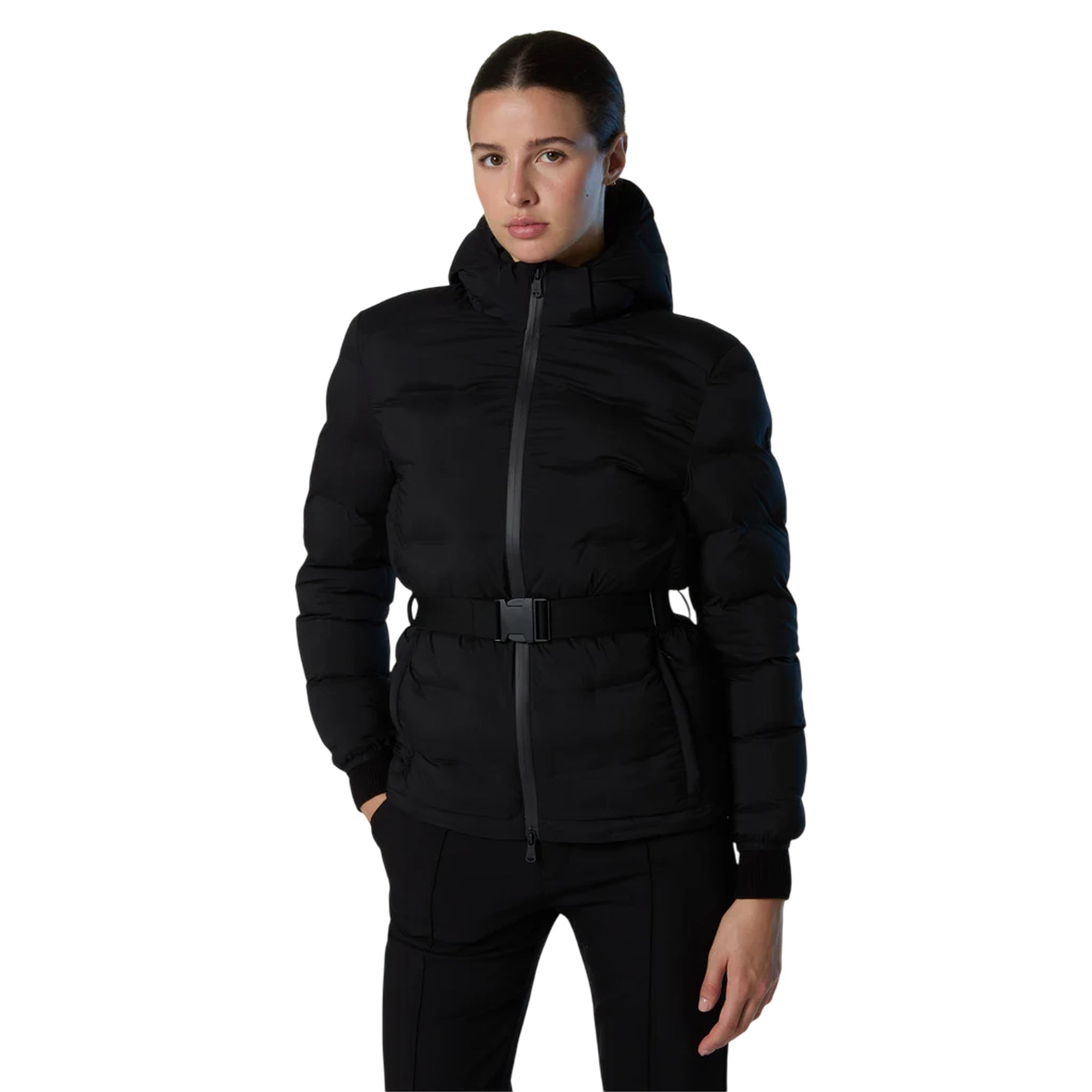 Piumino Donna Bowline Nero con cintura modella frontale