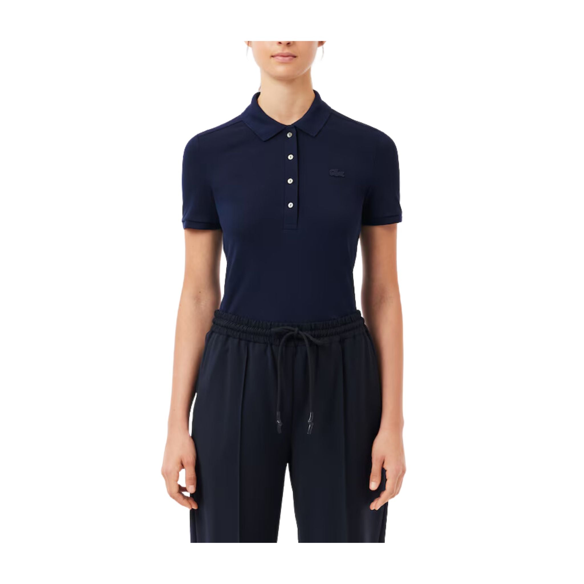 Polo Donna in tinta unita con logo sul petto modella frontale