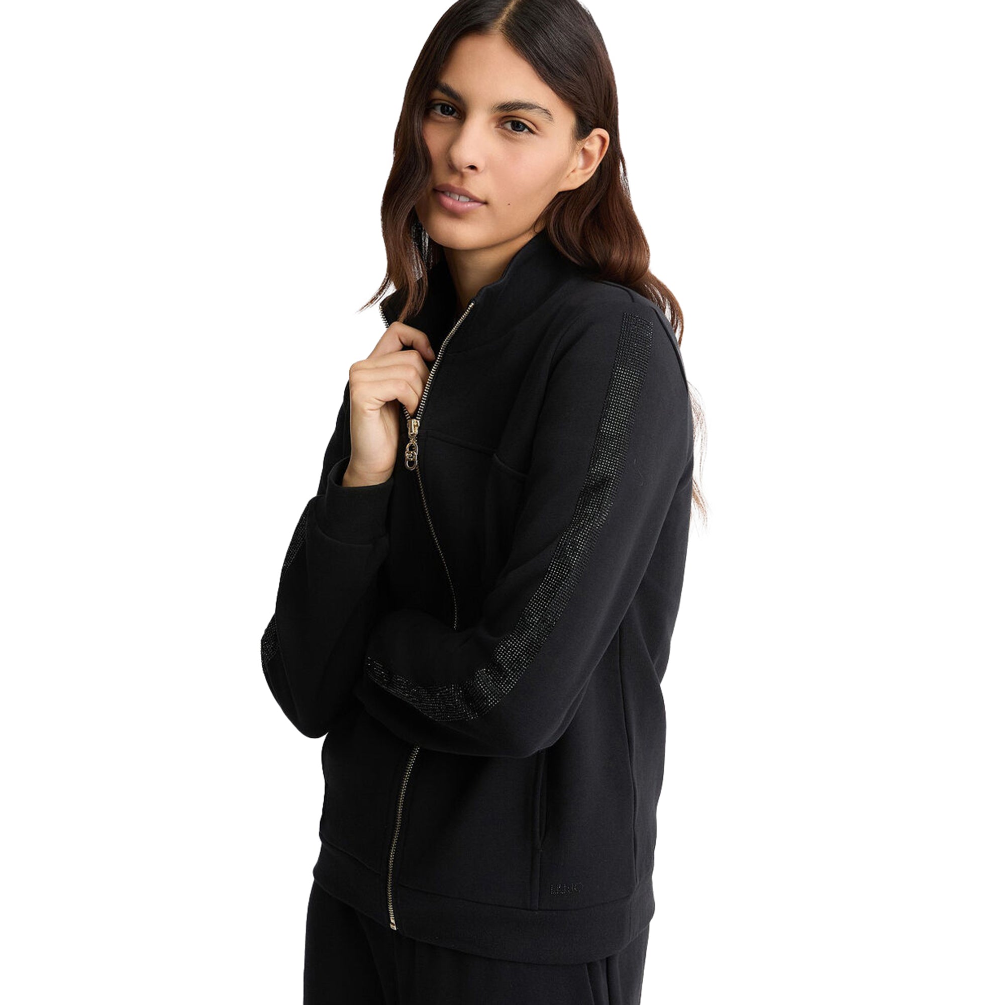 Felpa Donna con zip e strass Nero modella frontale ravvicinata