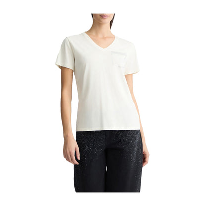 T-shirt Bianca da Donna con taschino strass modella frontale