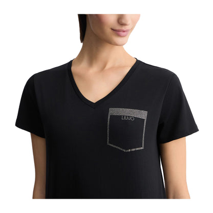 T-shirt Donna taschino strass Nero modella frontale ravvicinata
